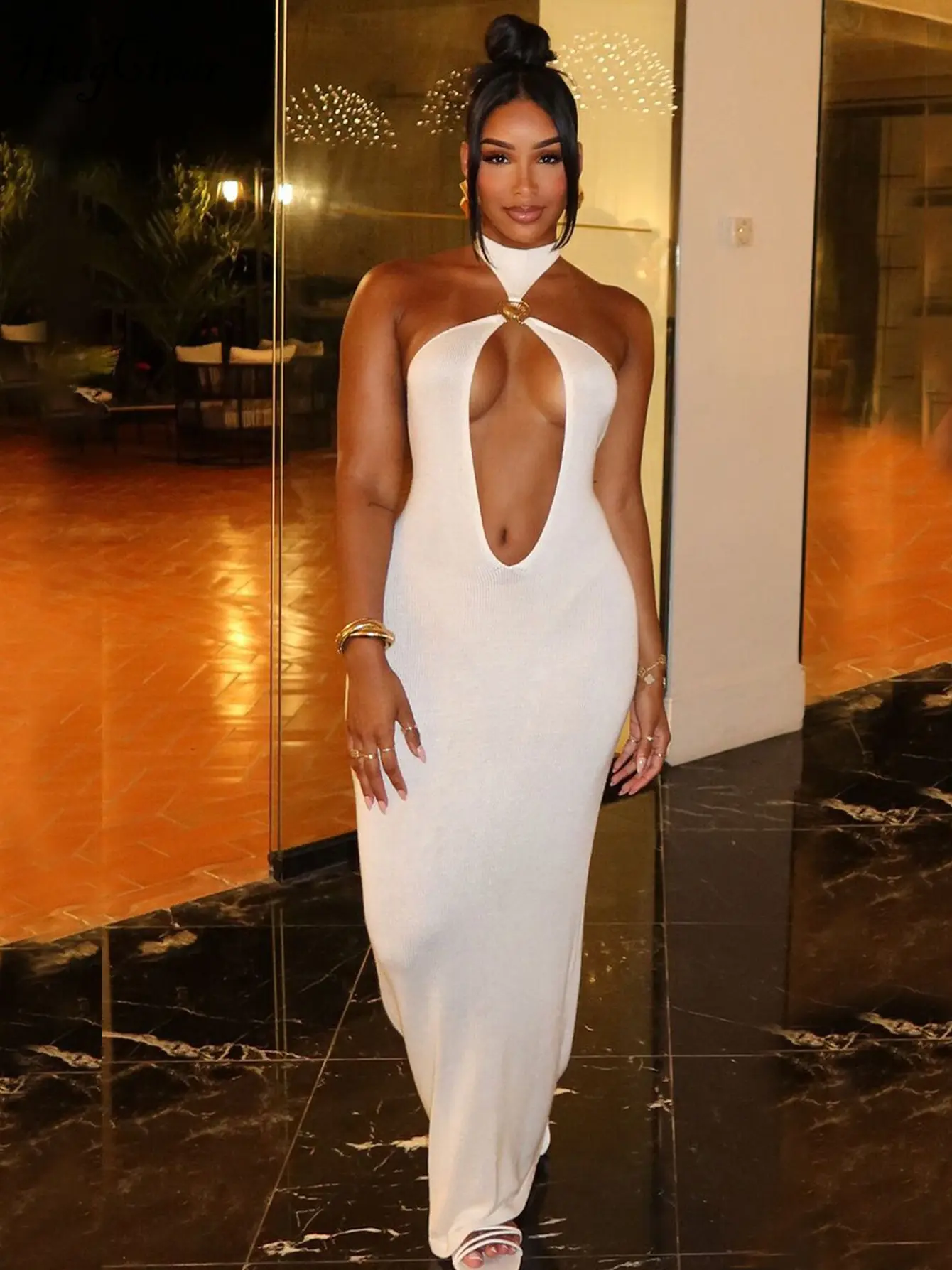 Hugcitar 2025 Fashion Halter Hollow Out Sexy Backless Bandage Solid Slim Maxi Dress Summer Women Y2K Clothes Party Night Club