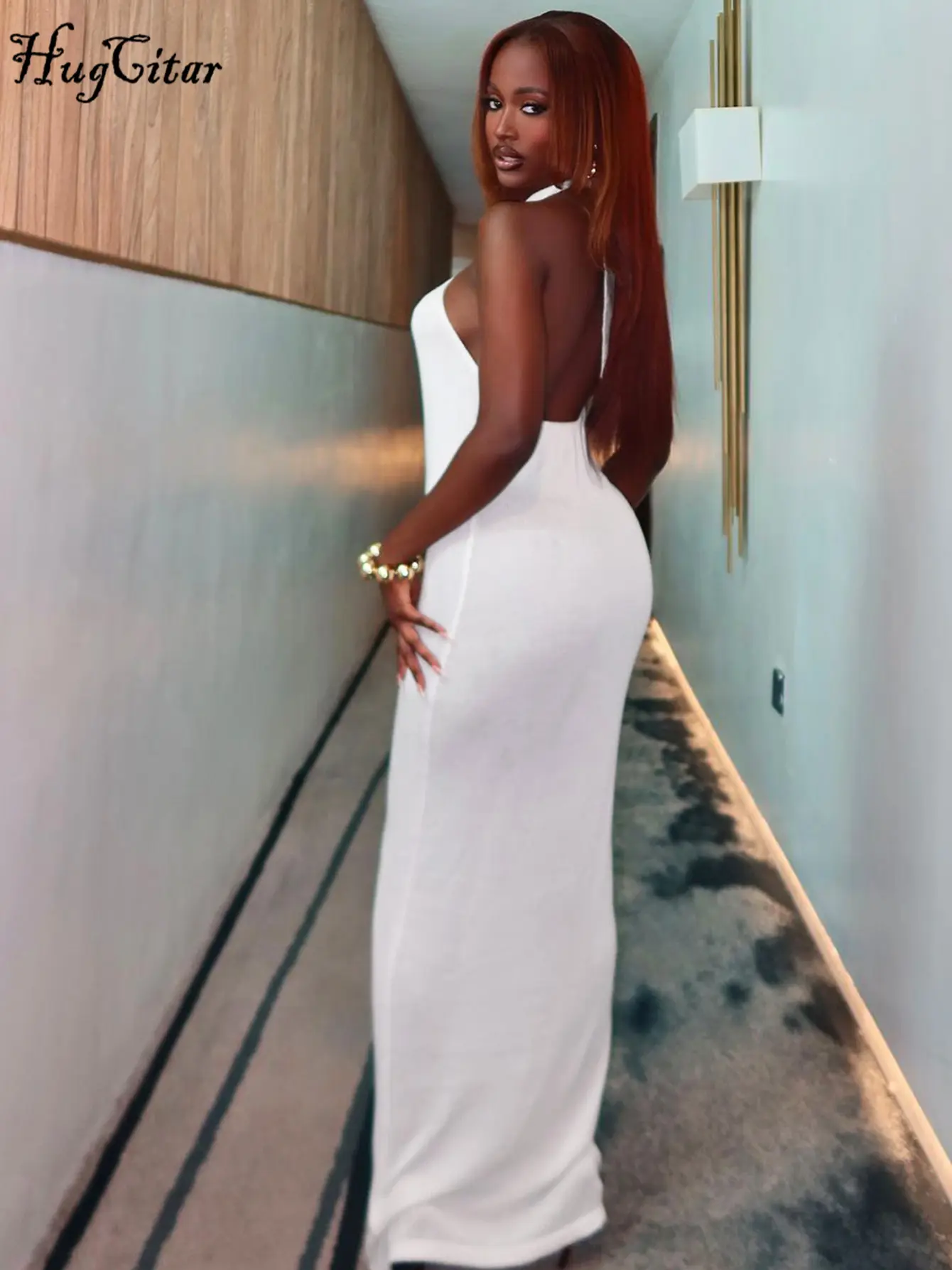 Hugcitar 2025 Fashion Halter Hollow Out Sexy Backless Bandage Solid Slim Maxi Dress Summer Women Y2K Clothes Party Night Club