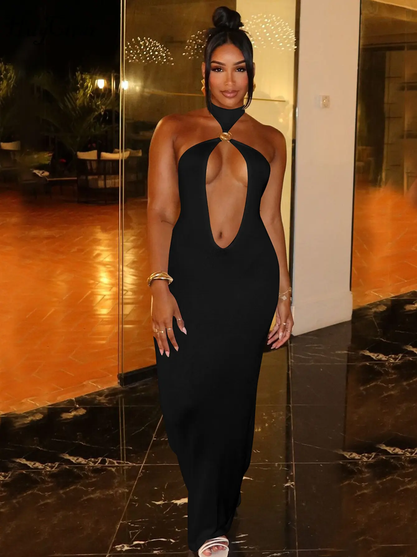 Hugcitar 2025 Fashion Halter Hollow Out Sexy Backless Bandage Solid Slim Maxi Dress Summer Women Y2K Clothes Party Night Club