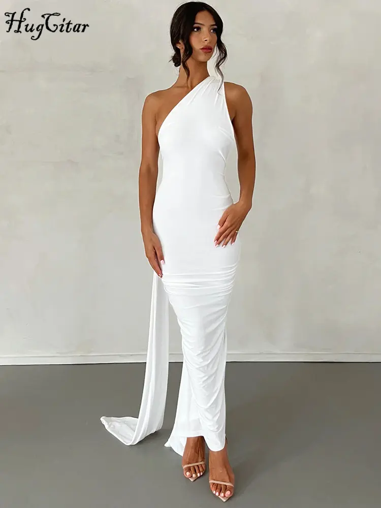 Hugcitar One Shoulder Backless Adjustable Scarf Loop Ruched Sexy Maxi Dress Women Elegant Y2K Streetwear Festival Outfit