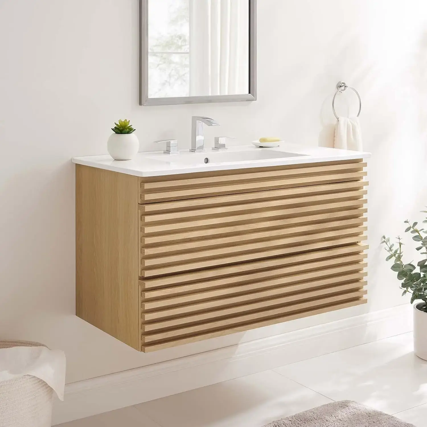 Render 36" Wall-Mount Bathroom Vanity in Oak White