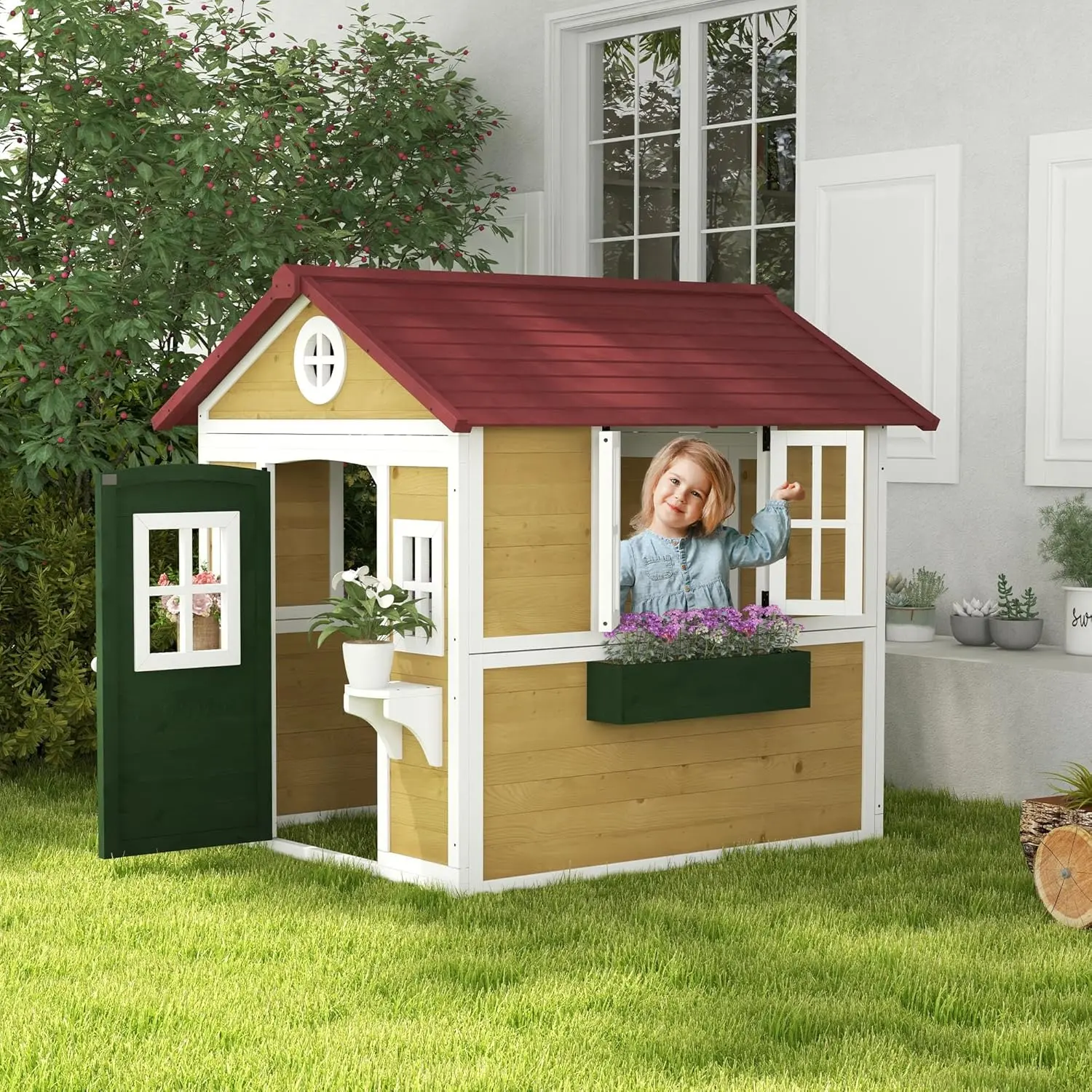Outdoor Kids Playhouse, Wooden Playhouse with Doors, Windows, Planter Pots and Boxes for Toddlers 3-8 Years