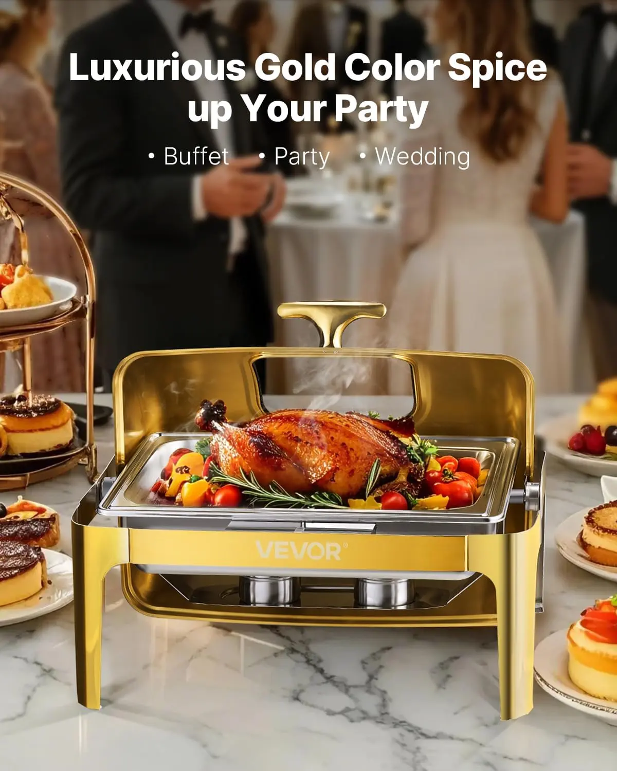 Roll Top Chafing Dish Buffet Complete Set, 9Qt Stainless Steel Chafer with Full Size Pan, Rectangle Catering Warmer Server