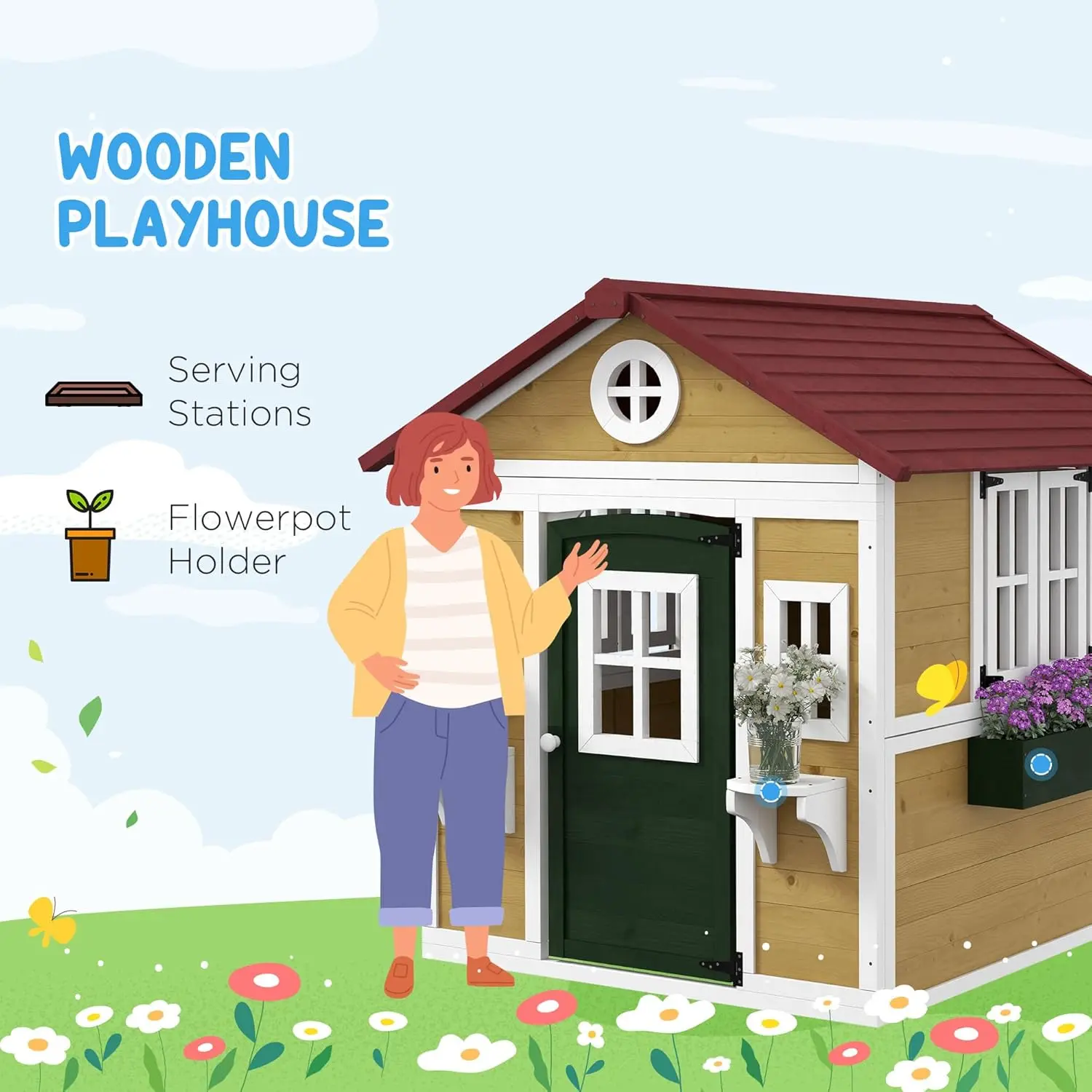 Outdoor Kids Playhouse, Wooden Playhouse with Doors, Windows, Planter Pots and Boxes for Toddlers 3-8 Years