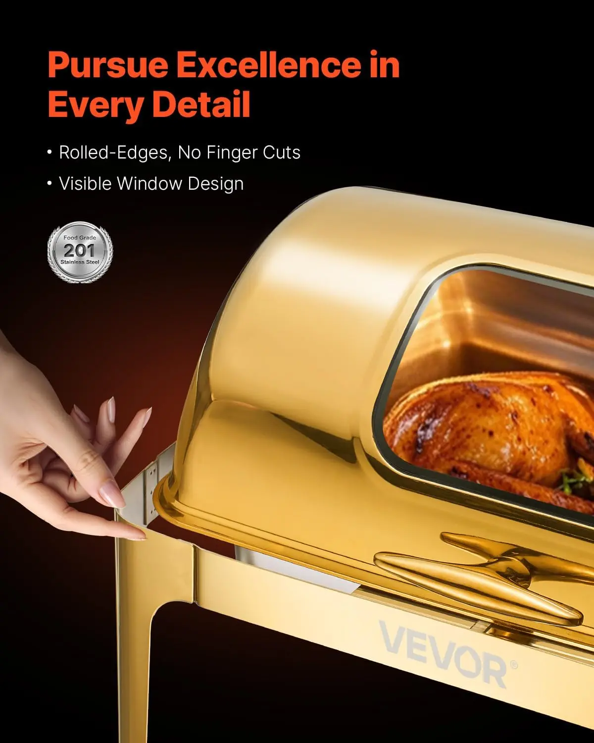 Roll Top Chafing Dish Buffet Complete Set, 9Qt Stainless Steel Chafer with Full Size Pan, Rectangle Catering Warmer Server