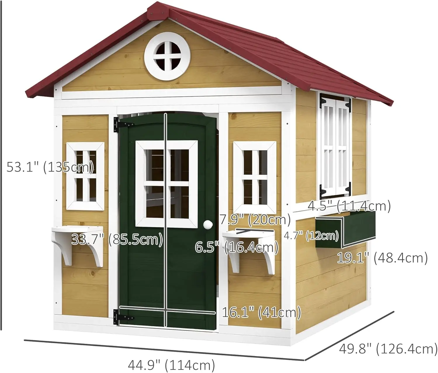 Outdoor Kids Playhouse, Wooden Playhouse with Doors, Windows, Planter Pots and Boxes for Toddlers 3-8 Years