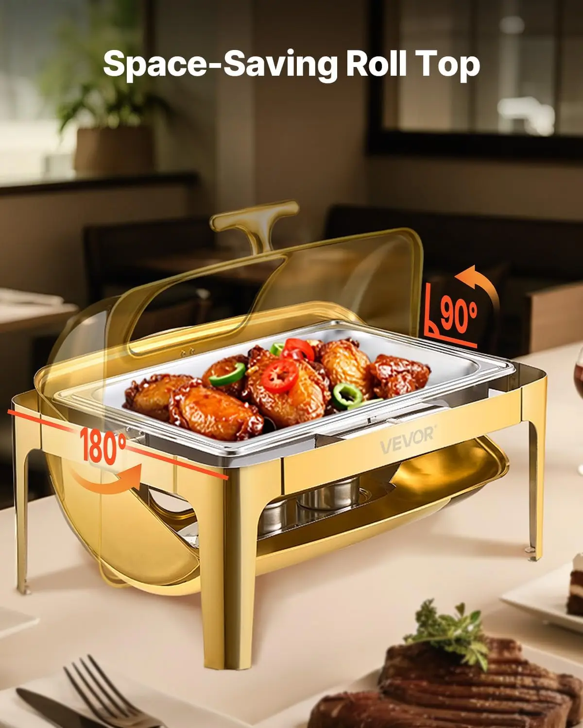 Roll Top Chafing Dish Buffet Complete Set, 9Qt Stainless Steel Chafer with Full Size Pan, Rectangle Catering Warmer Server