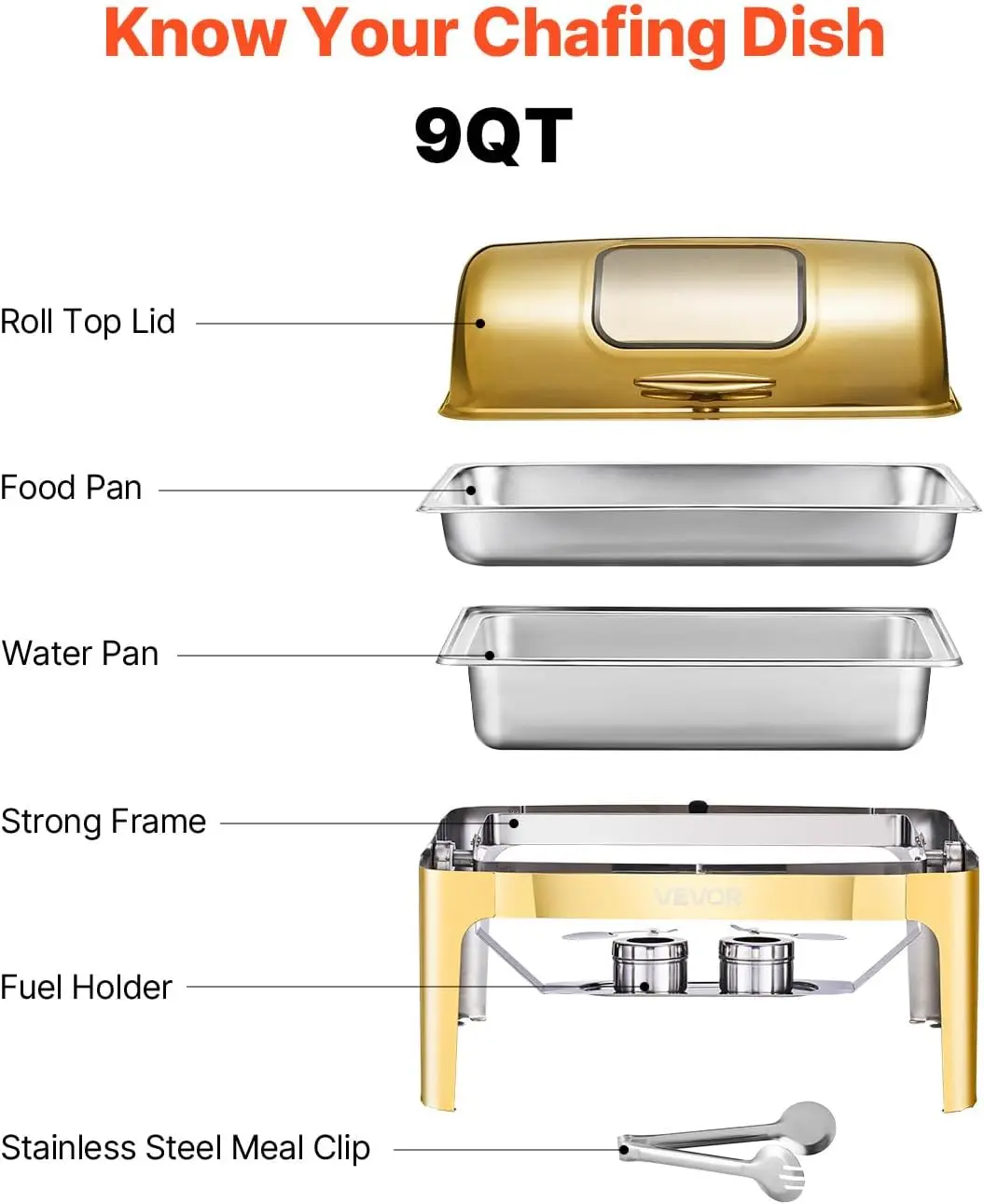 Roll Top Chafing Dish Buffet Complete Set, 9Qt Stainless Steel Chafer with Full Size Pan, Rectangle Catering Warmer Server