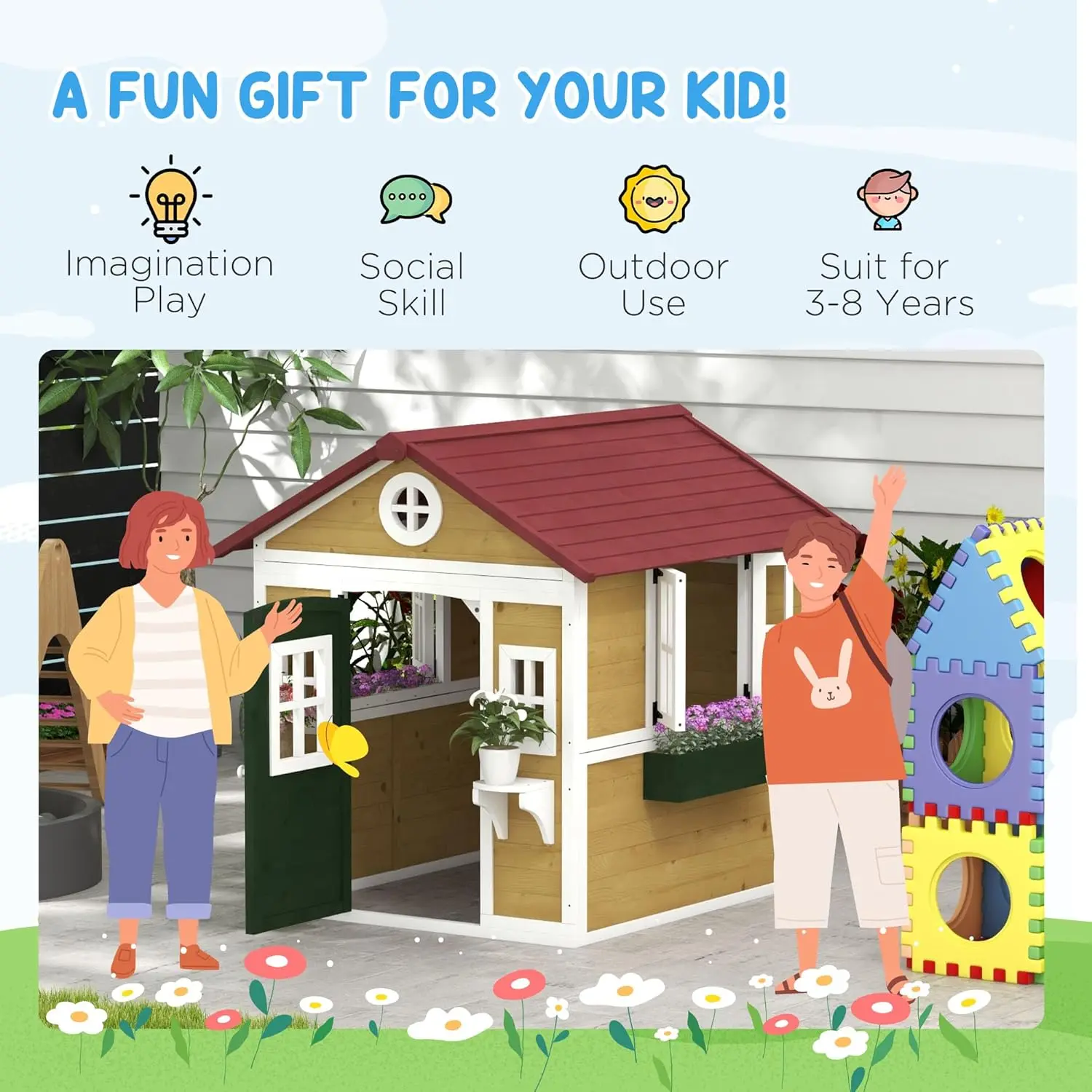 Outdoor Kids Playhouse, Wooden Playhouse with Doors, Windows, Planter Pots and Boxes for Toddlers 3-8 Years