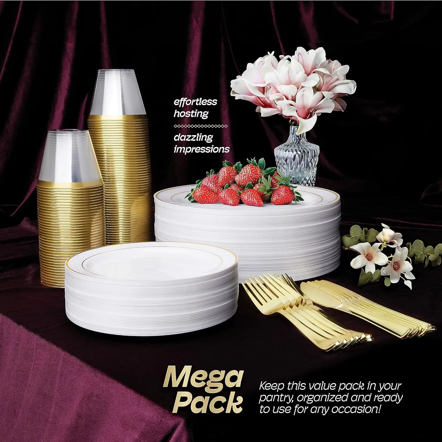 600pcs Plastic Dinnerware Set 100 Guest, Gold Plastic plates for party, Gold Party Plates Sets For 100 Guests