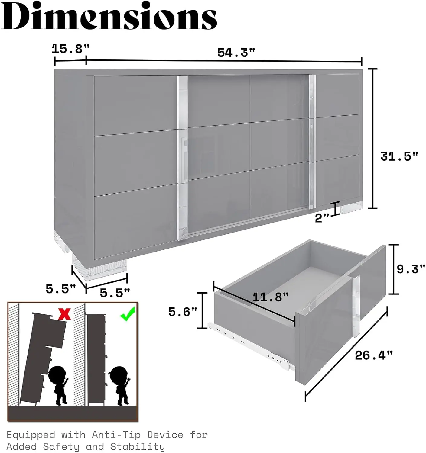 54" W High Gloss 6 Drawers Dressers with Silver Grooved Handles, Modern Storage Chest of Drawers with Wide Tabletop