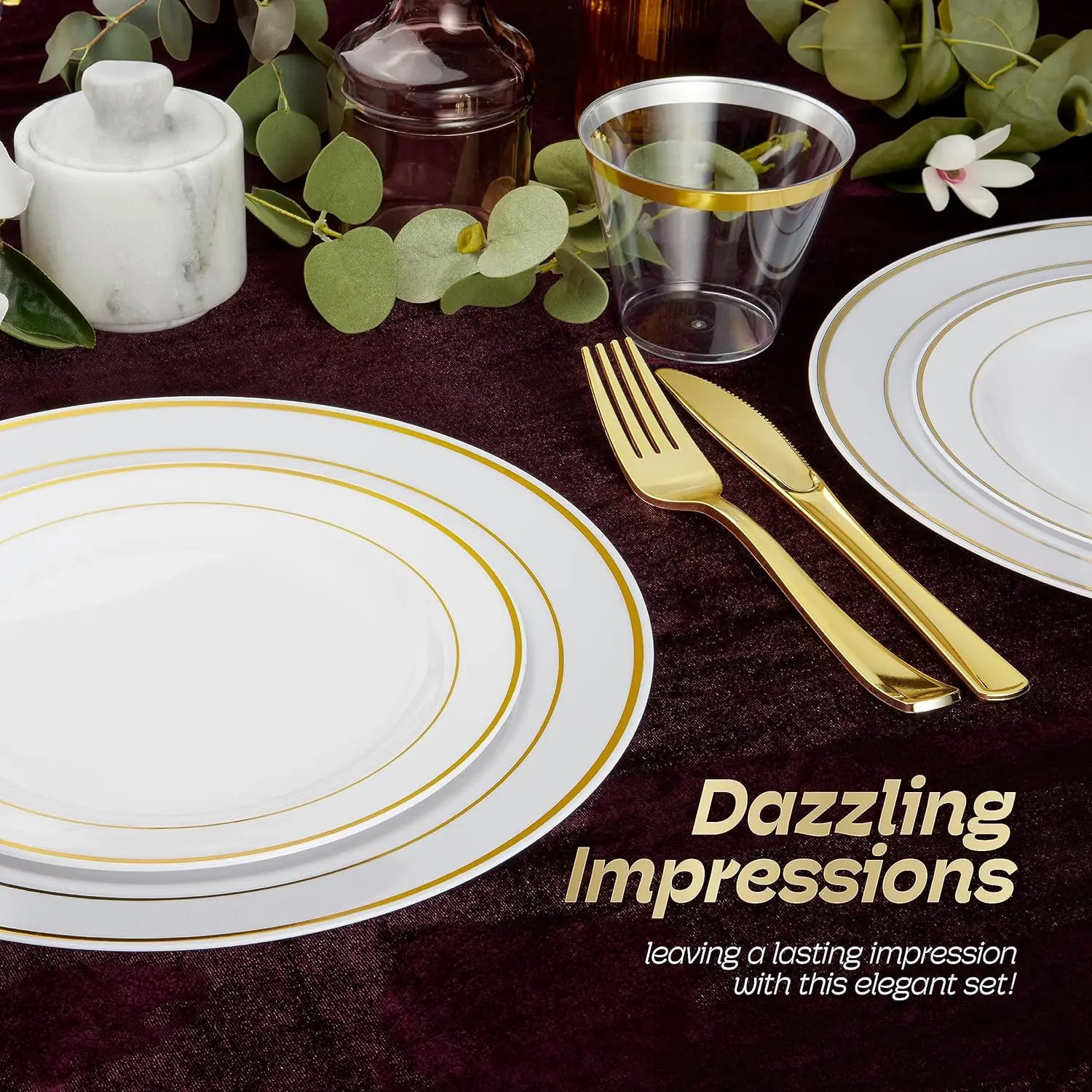 600pcs Plastic Dinnerware Set 100 Guest, Gold Plastic plates for party, Gold Party Plates Sets For 100 Guests