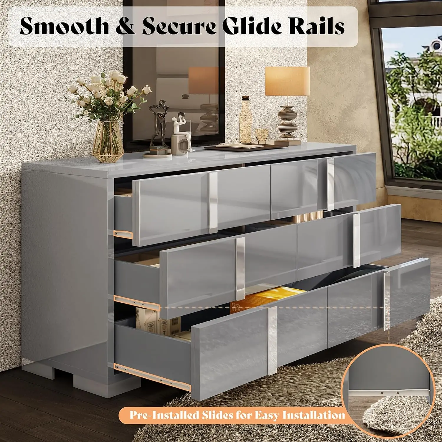 54" W High Gloss 6 Drawers Dressers with Silver Grooved Handles, Modern Storage Chest of Drawers with Wide Tabletop