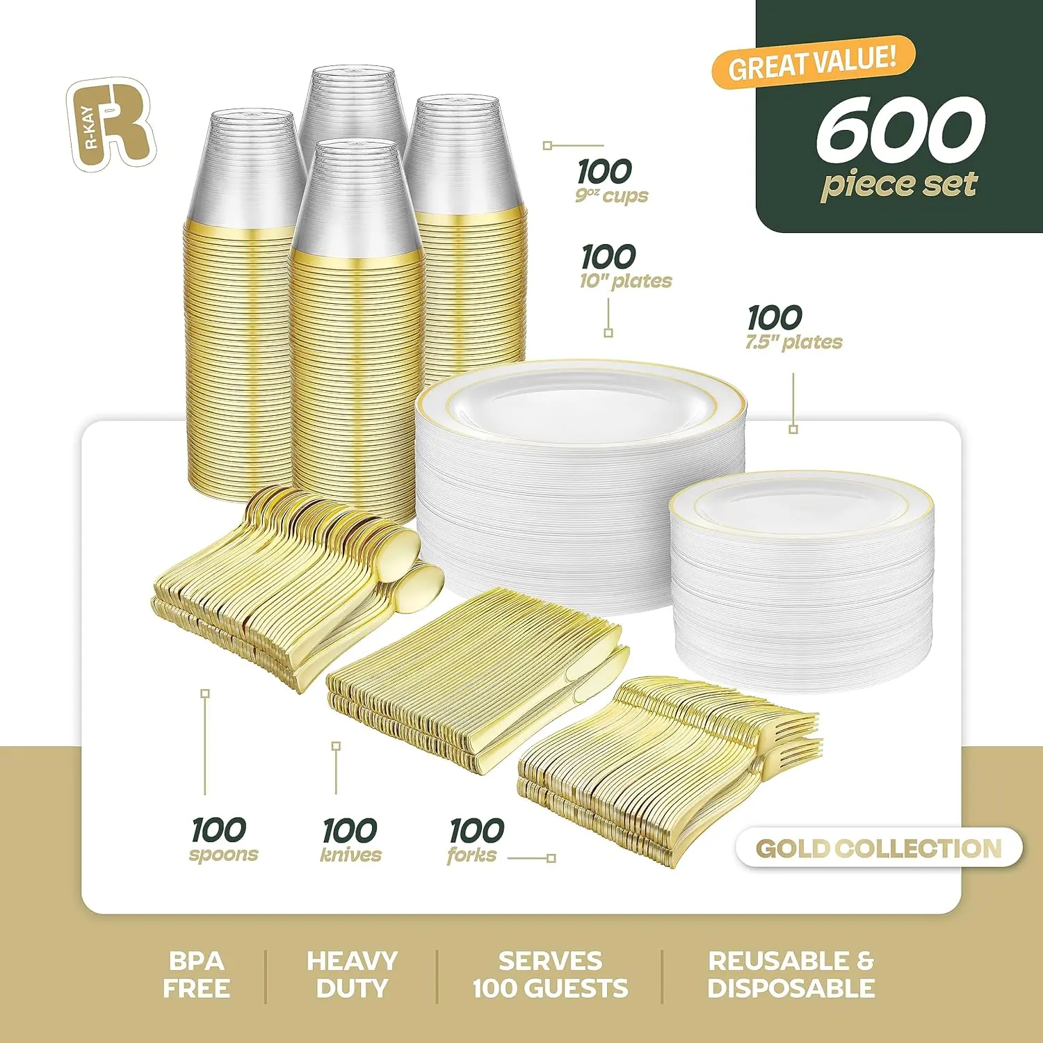 600pcs Plastic Dinnerware Set 100 Guest, Gold Plastic plates for party, Gold Party Plates Sets For 100 Guests
