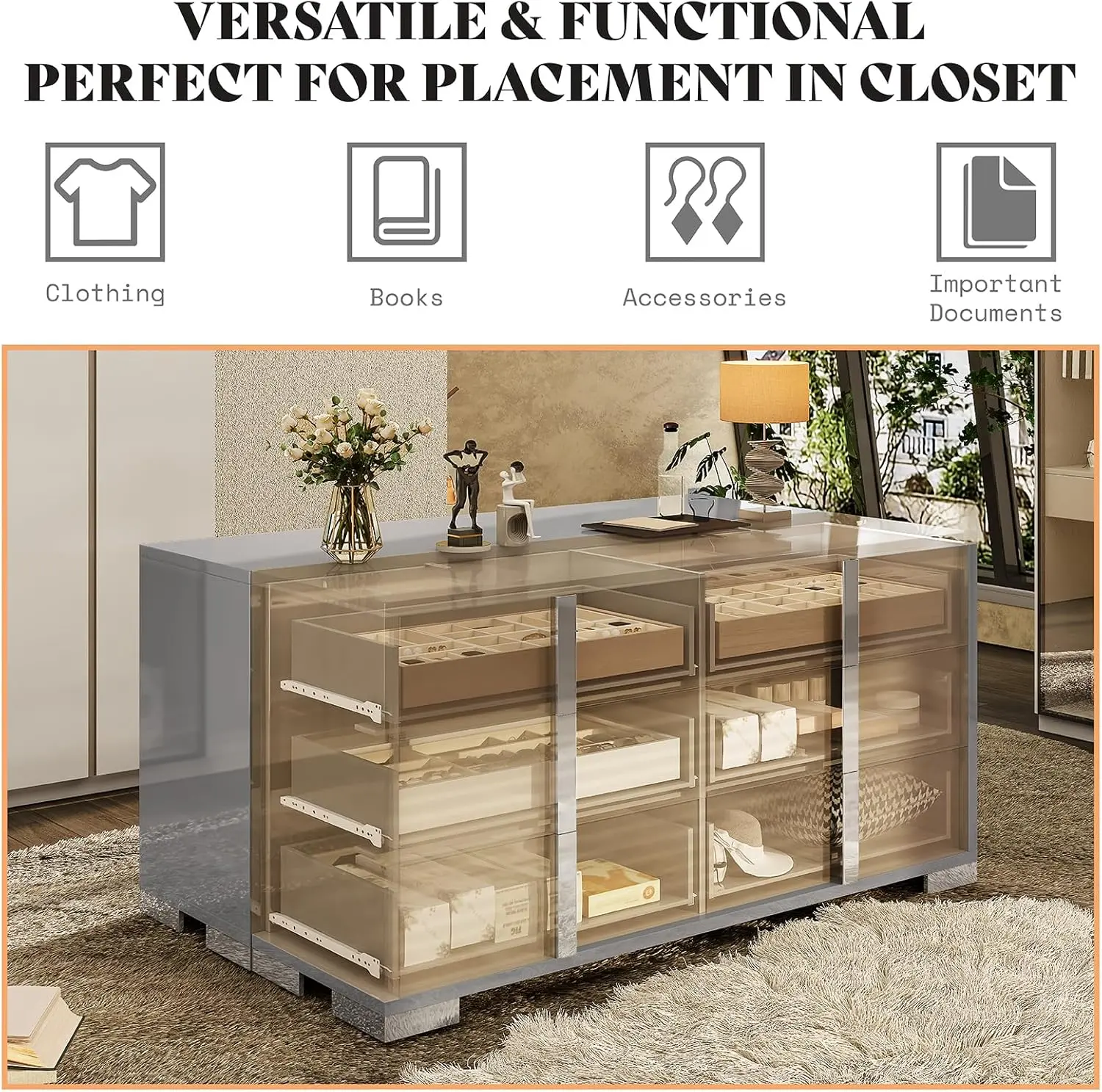 54" W High Gloss 6 Drawers Dressers with Silver Grooved Handles, Modern Storage Chest of Drawers with Wide Tabletop