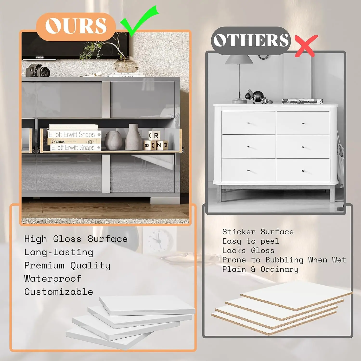 54" W High Gloss 6 Drawers Dressers with Silver Grooved Handles, Modern Storage Chest of Drawers with Wide Tabletop