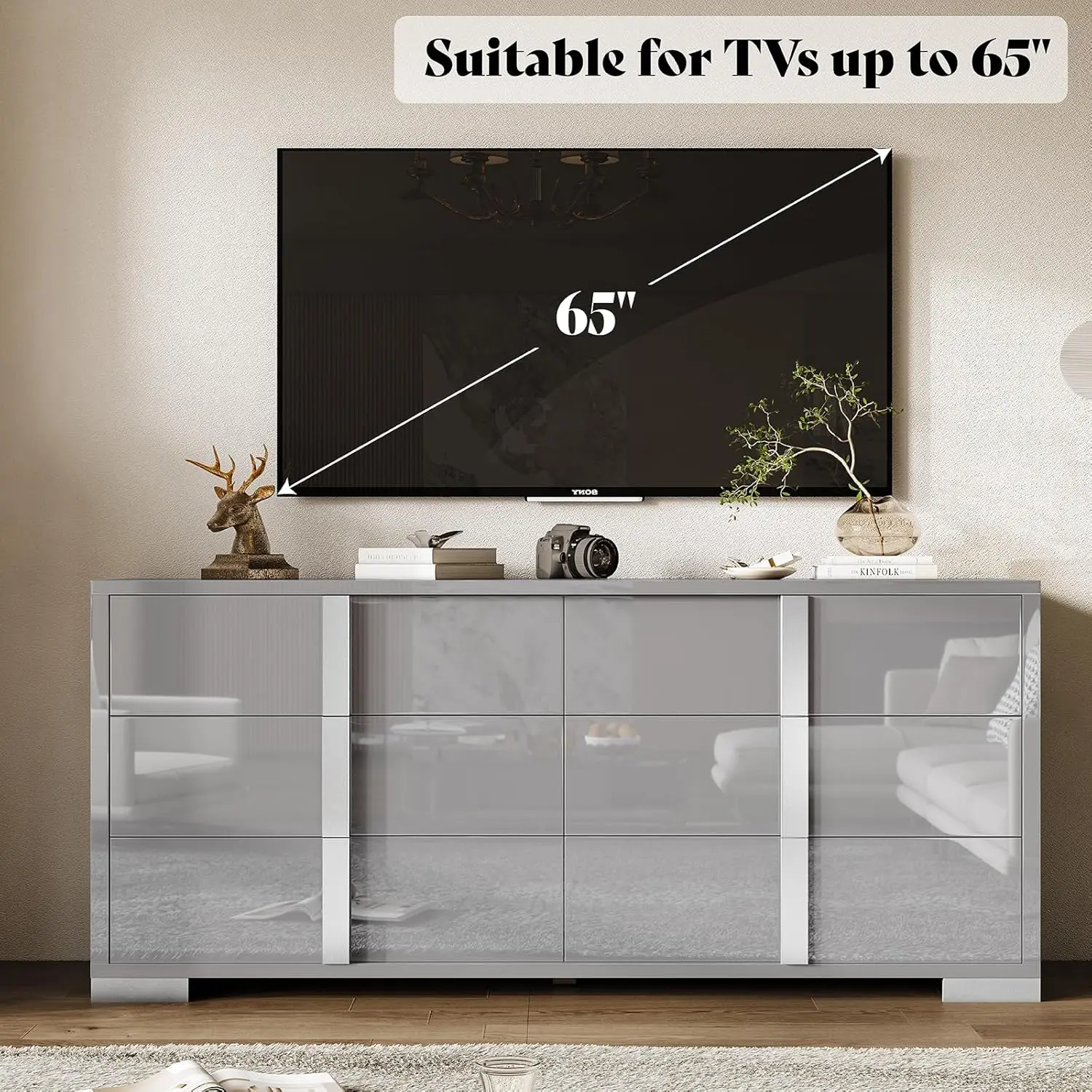 54" W High Gloss 6 Drawers Dressers with Silver Grooved Handles, Modern Storage Chest of Drawers with Wide Tabletop