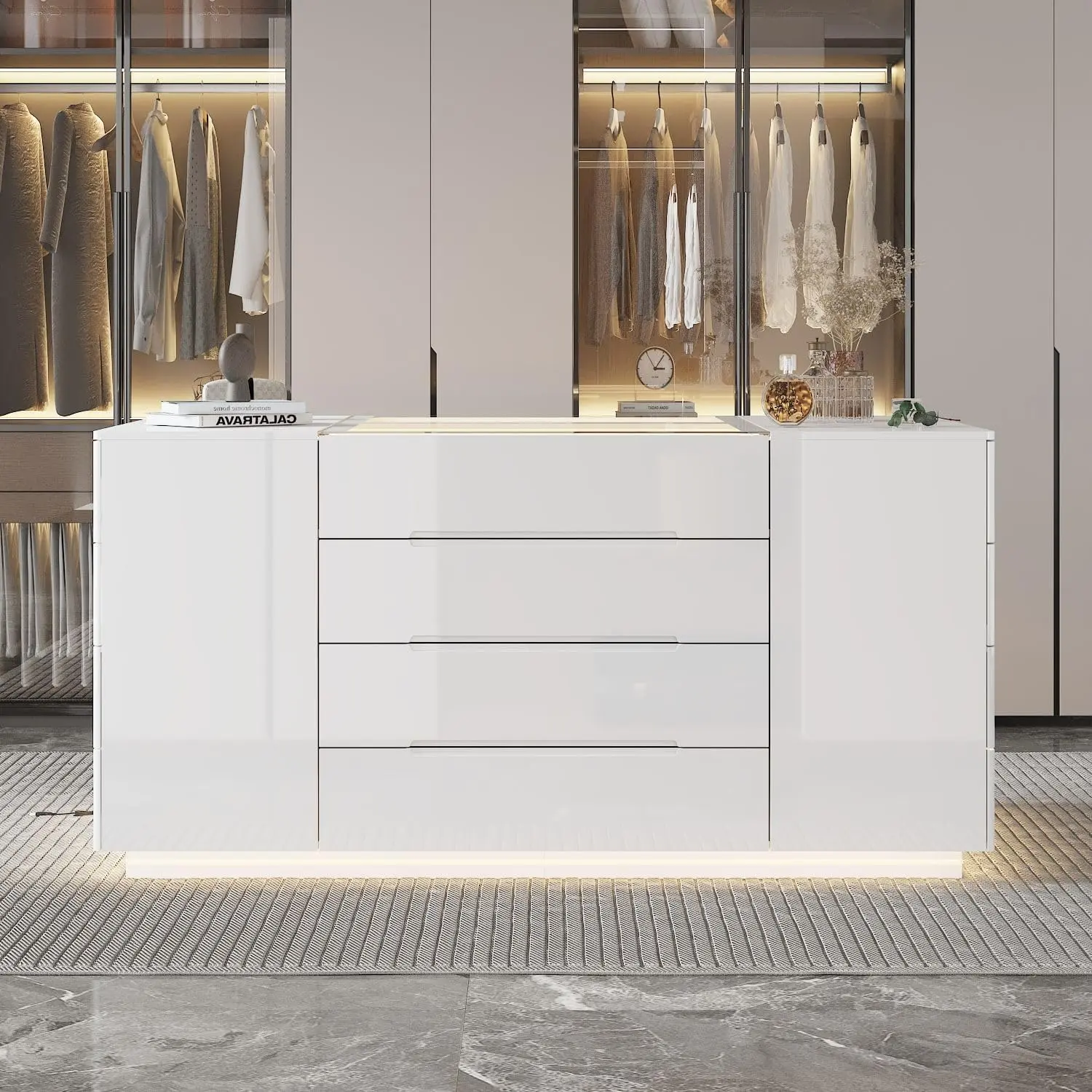 Armoire Bedroom Island Wardrobe Closet Island with 16 Drawers & Glass Tabletop, Island Dresser with Jewelry Organizer