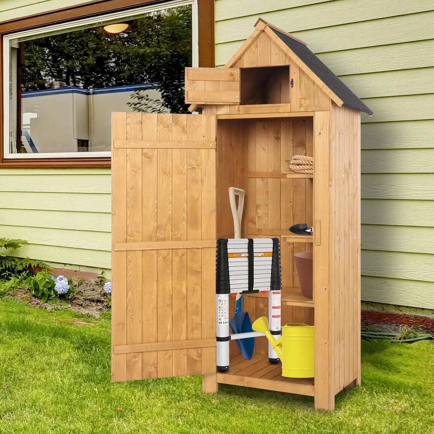 Outdoor Wooden Storage Shed, Garden Shed Outside Tool Cabinet with Safety Latch, Patio Storage Organizer (Teak)
