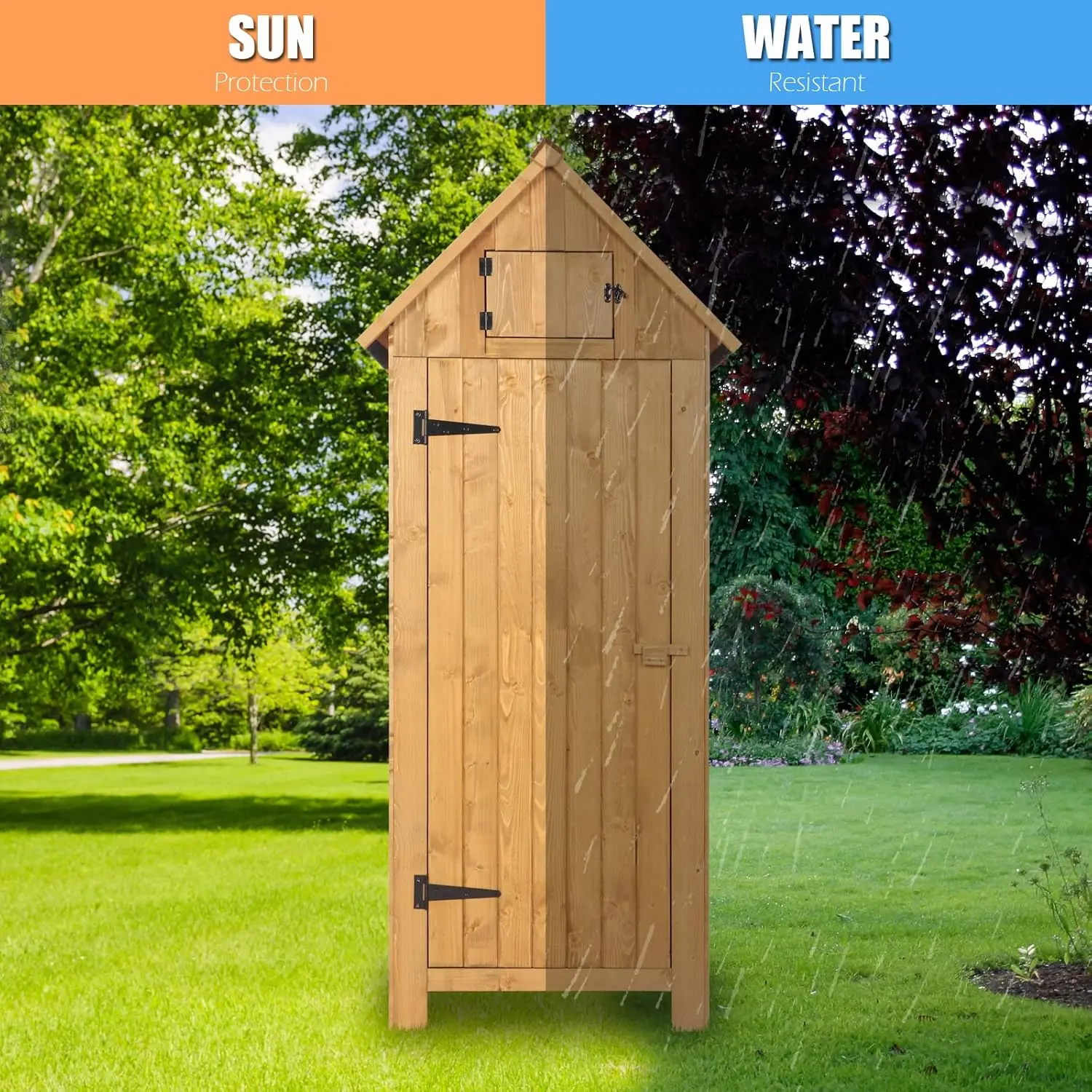 Outdoor Wooden Storage Shed, Garden Shed Outside Tool Cabinet with Safety Latch, Patio Storage Organizer (Teak)