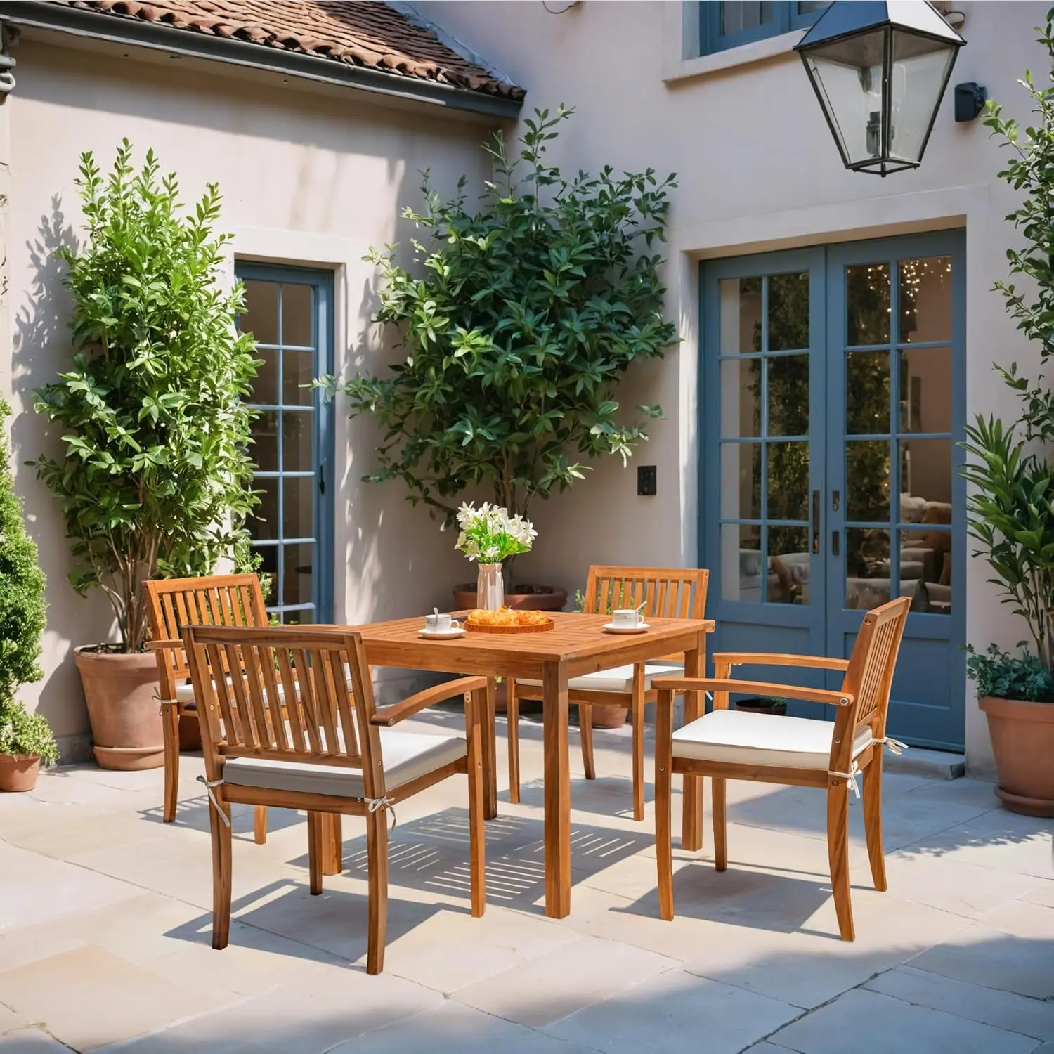 5 Piece Outdoor Dining Set Acacia Wood Patio Table and Chairs with Soft Cushions Patio Furniture for Deck, Backyard, Garden