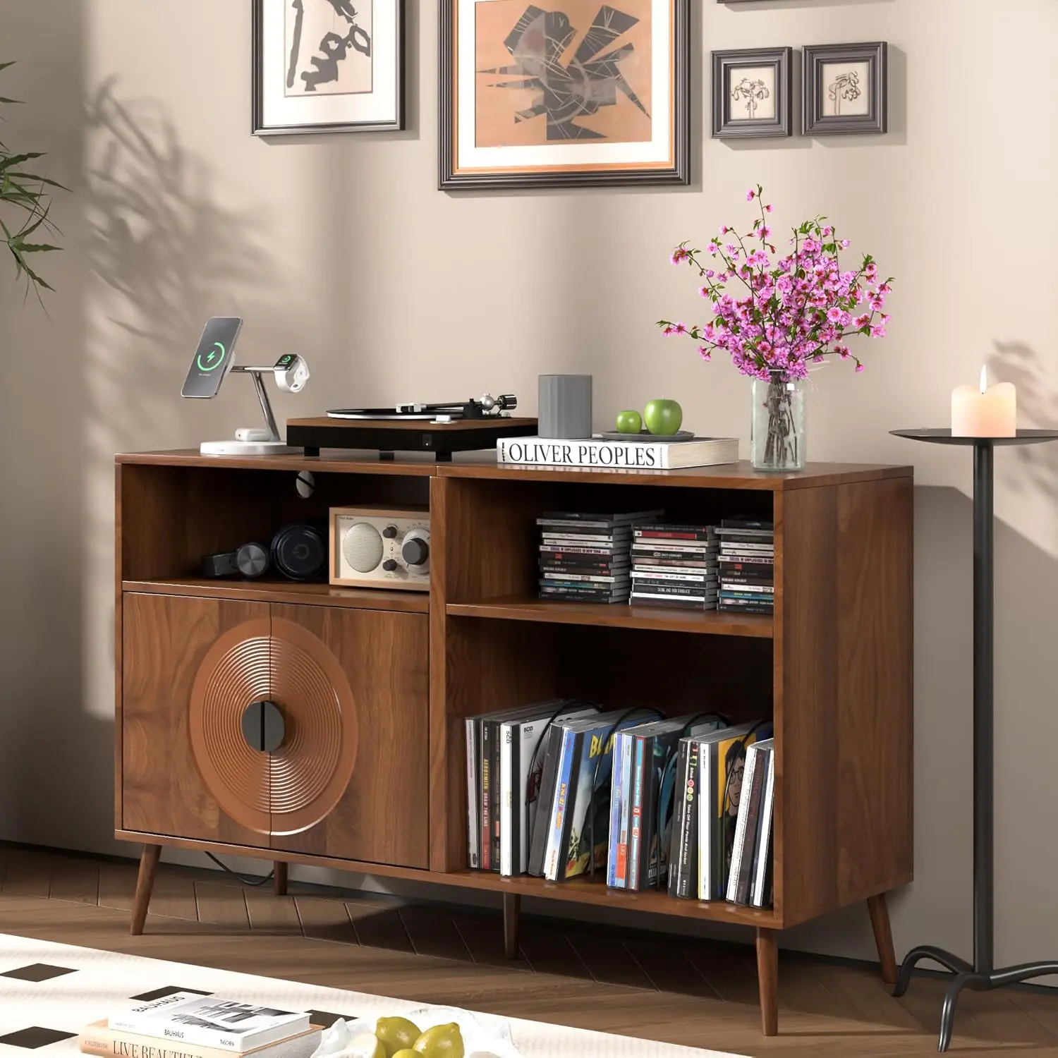 Large Record Player Stand,Mid Century Turntable Stand with Door, Record Player Table Holds Up to 350 Albums,Vinyl Display Shelf