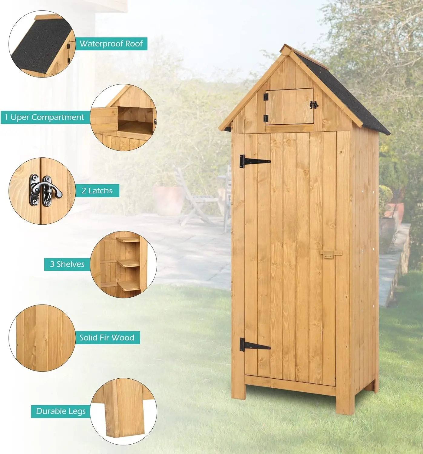 Outdoor Wooden Storage Shed, Garden Shed Outside Tool Cabinet with Safety Latch, Patio Storage Organizer (Teak)