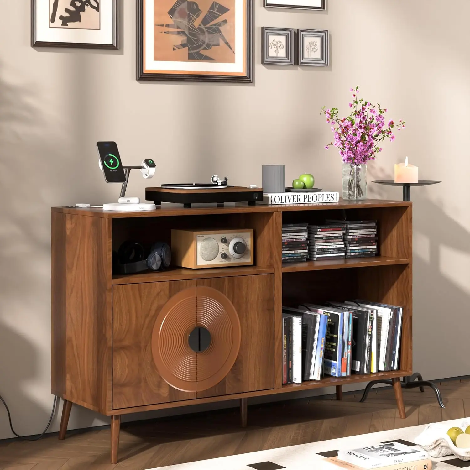 Large Record Player Stand,Mid Century Turntable Stand with Door, Record Player Table Holds Up to 350 Albums,Vinyl Display Shelf