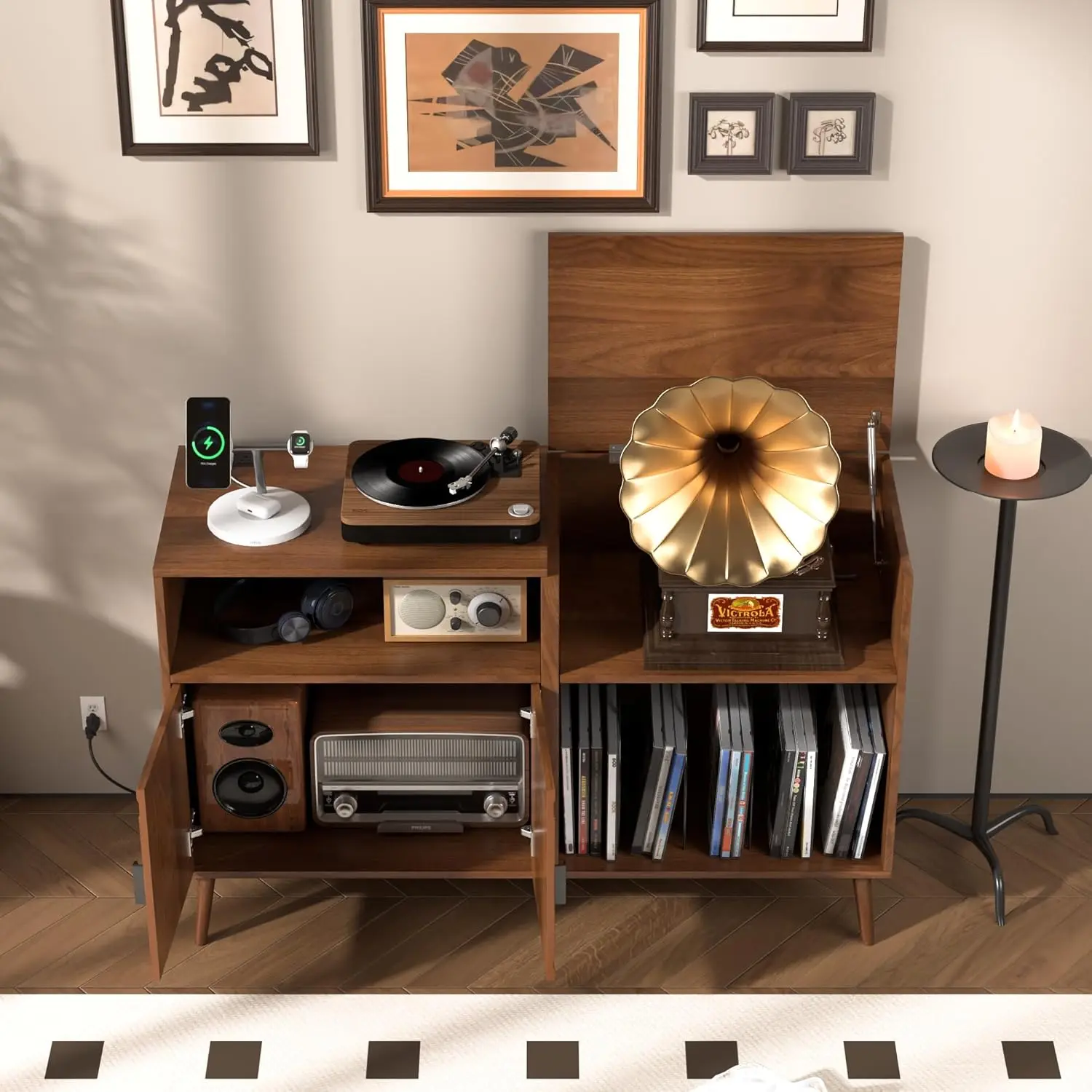 Large Record Player Stand,Mid Century Turntable Stand with Door, Record Player Table Holds Up to 350 Albums,Vinyl Display Shelf