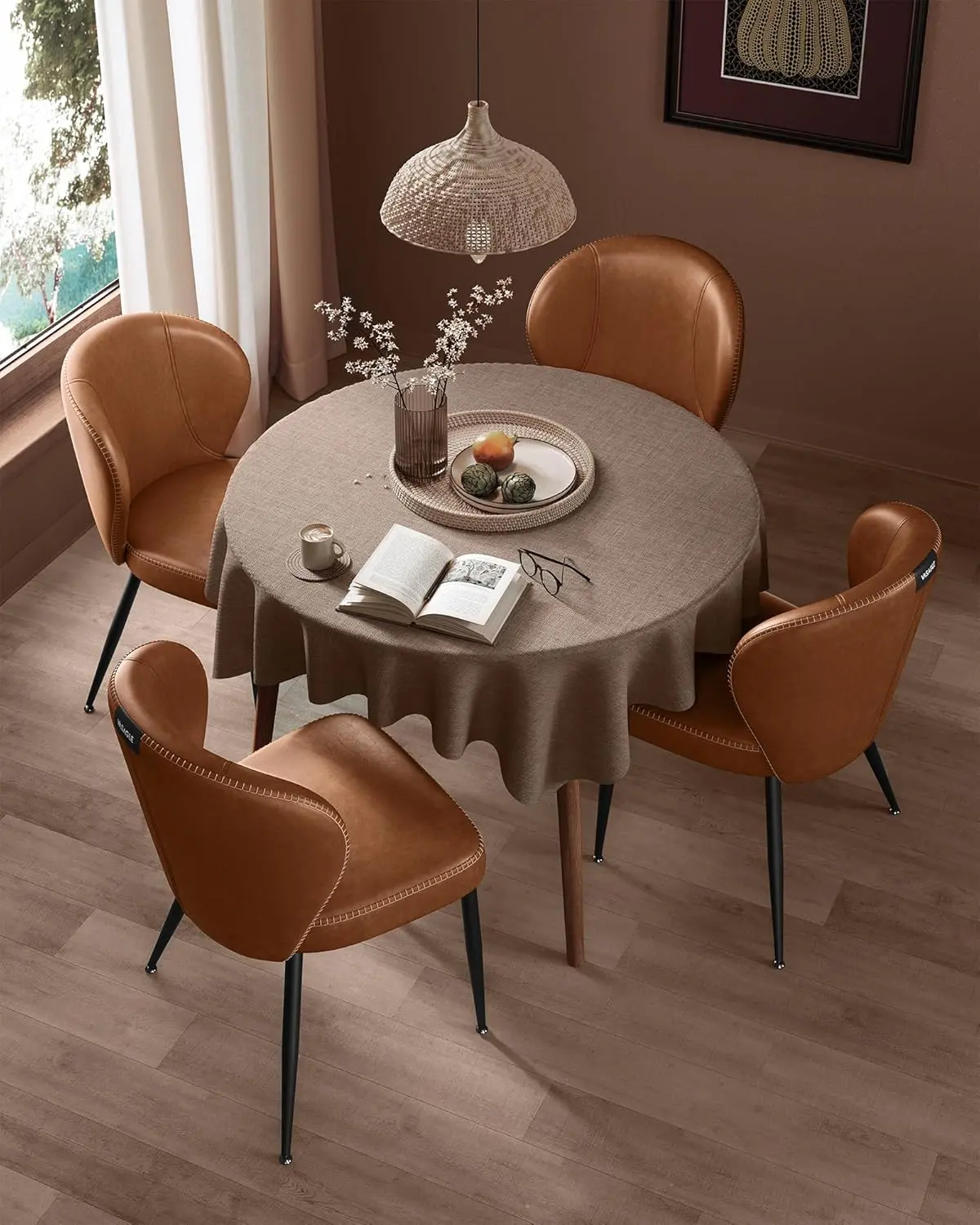EKHO Collection Dining Chairs Set of 4,Upholstered Kitchen Chairs,Comfortable Seat,Synthetic Leather &Stitching,Caramel Brown