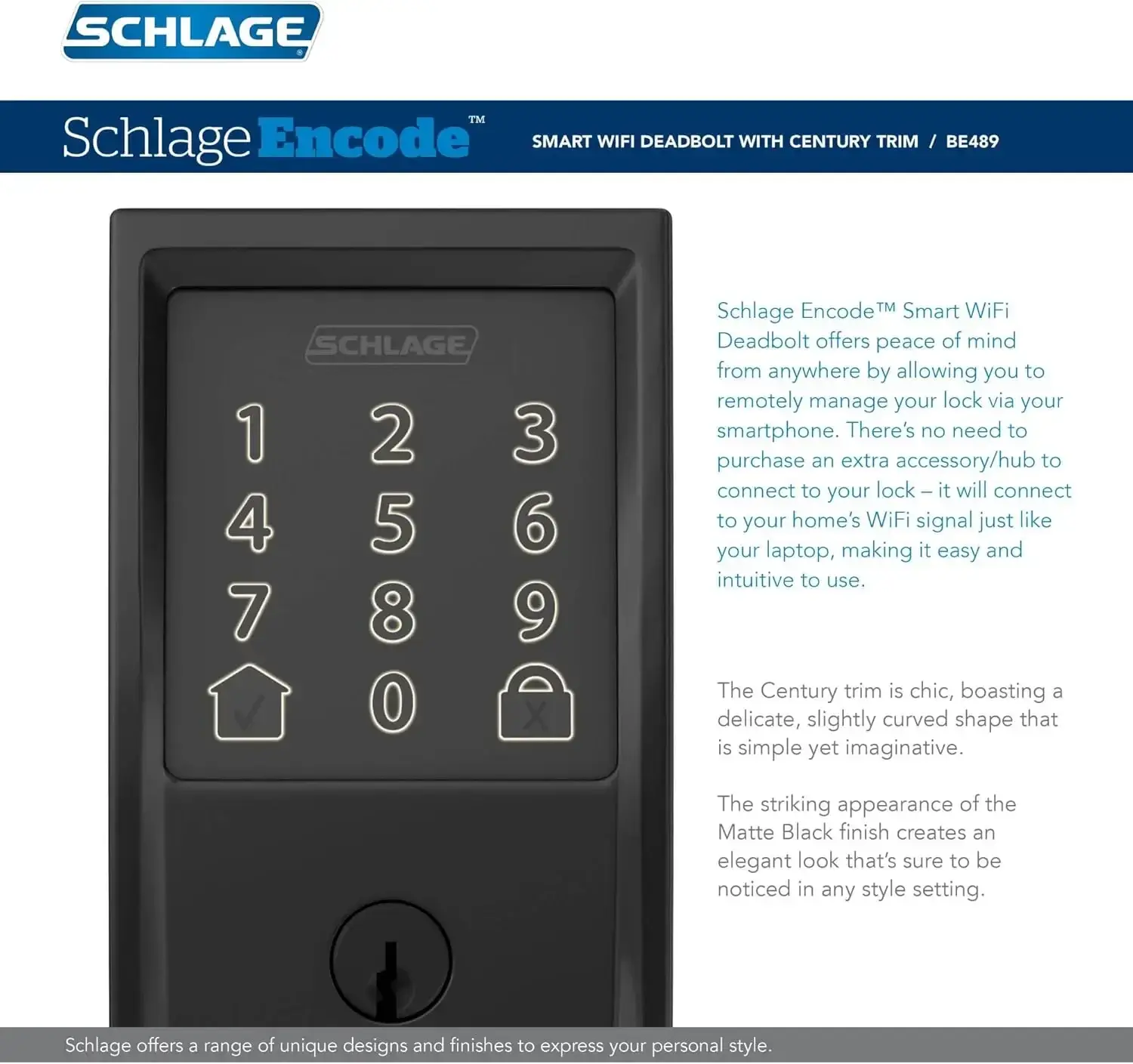 Encode Smart Wi-Fi Deadbolt with Century Trim in Matte Black