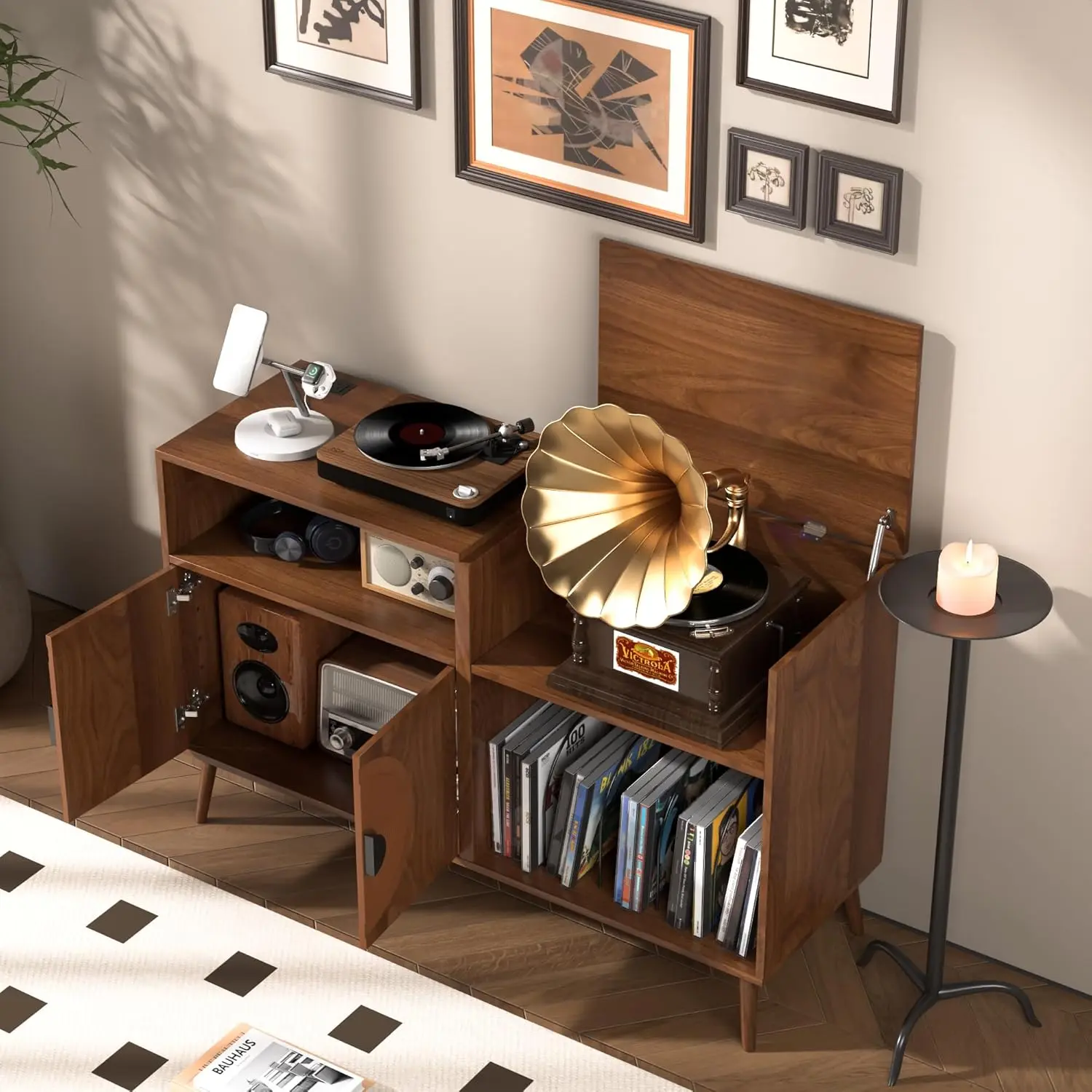 Large Record Player Stand,Mid Century Turntable Stand with Door, Record Player Table Holds Up to 350 Albums,Vinyl Display Shelf