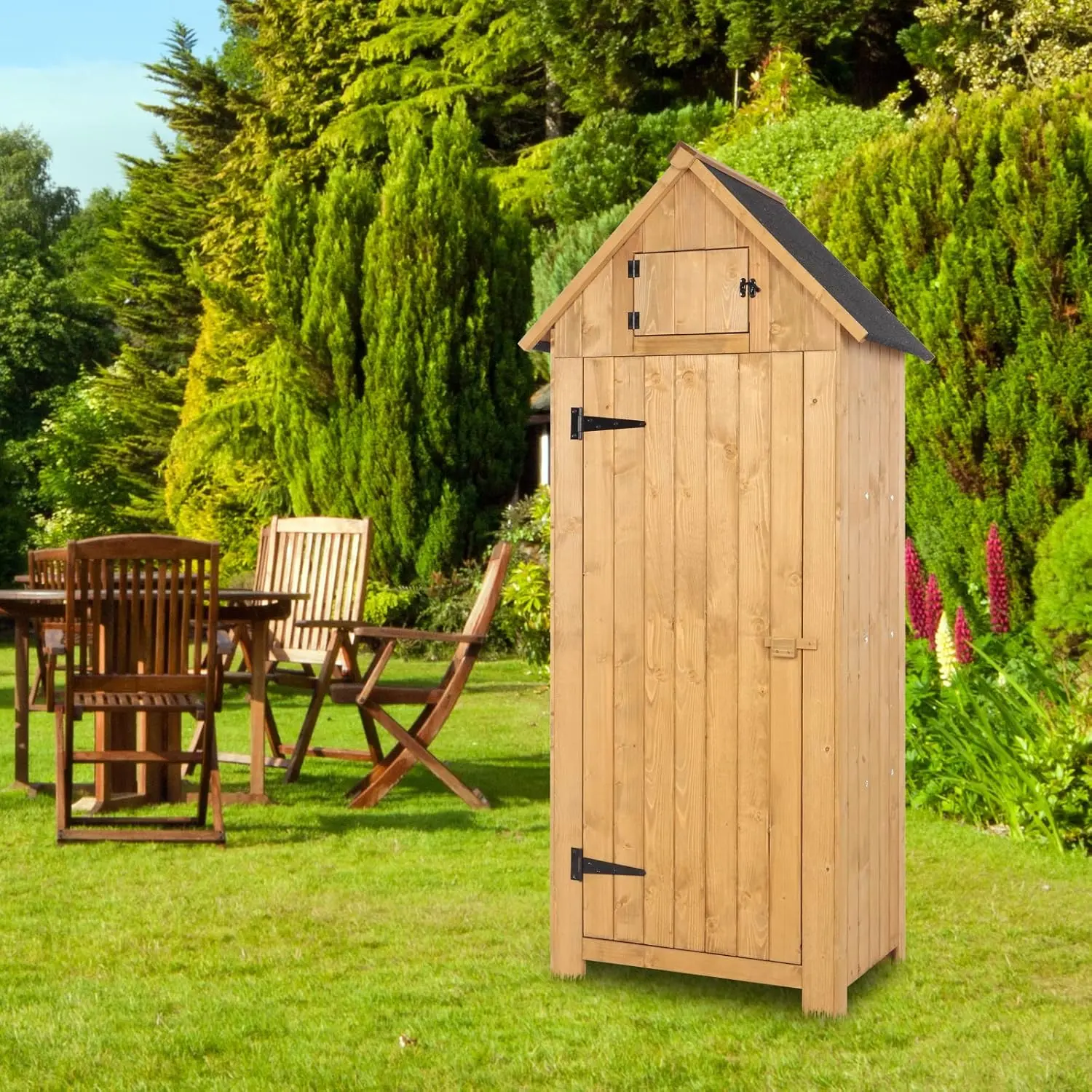 Outdoor Wooden Storage Shed, Garden Shed Outside Tool Cabinet with Safety Latch, Patio Storage Organizer (Teak)