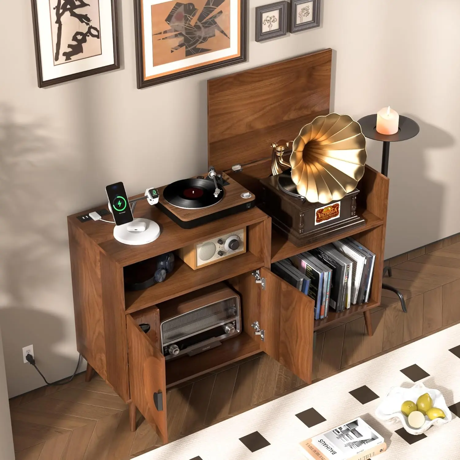 Large Record Player Stand,Mid Century Turntable Stand with Door, Record Player Table Holds Up to 350 Albums,Vinyl Display Shelf
