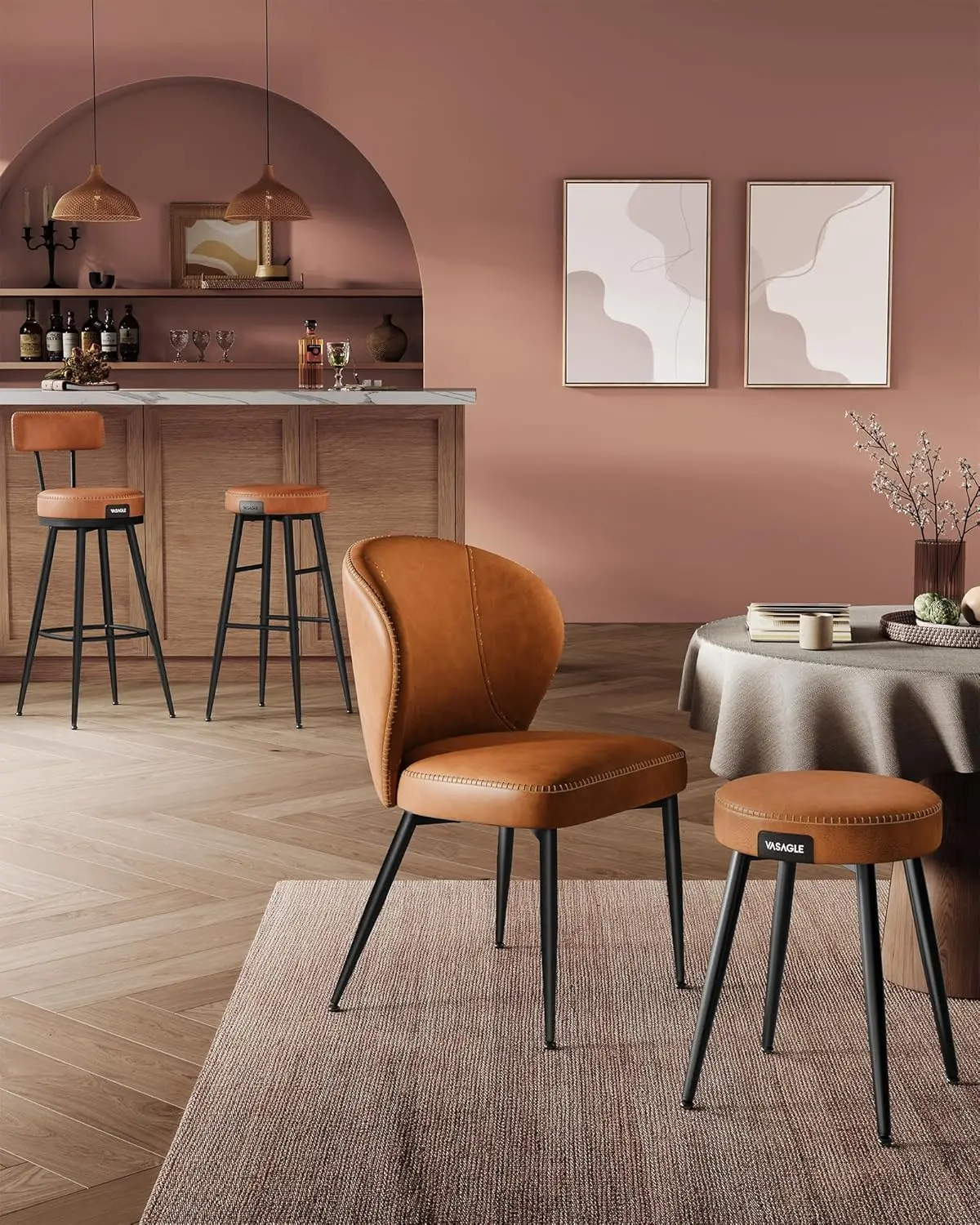 EKHO Collection Dining Chairs Set of 4,Upholstered Kitchen Chairs,Comfortable Seat,Synthetic Leather &Stitching,Caramel Brown