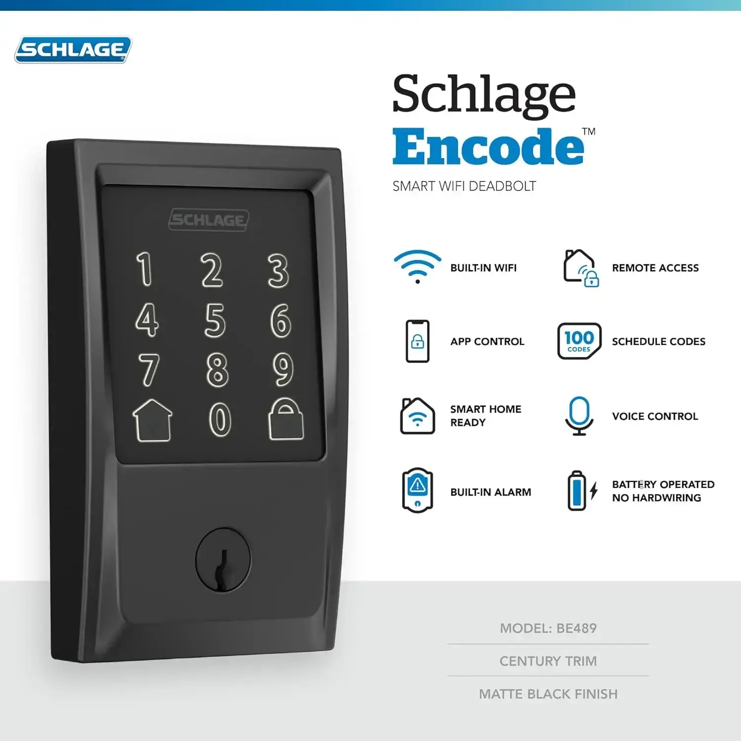 Encode Smart Wi-Fi Deadbolt with Century Trim in Matte Black