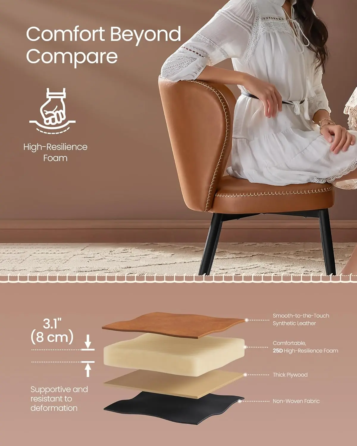 EKHO Collection Dining Chairs Set of 4,Upholstered Kitchen Chairs,Comfortable Seat,Synthetic Leather &Stitching,Caramel Brown