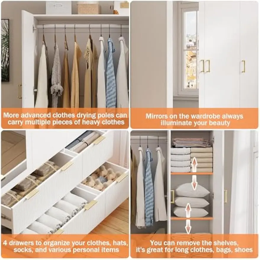 Armoire Wardrobe Closet with 3 Door, Bedroom Armoires with Mirror and LED Lights, Hanging Rod, Drawers