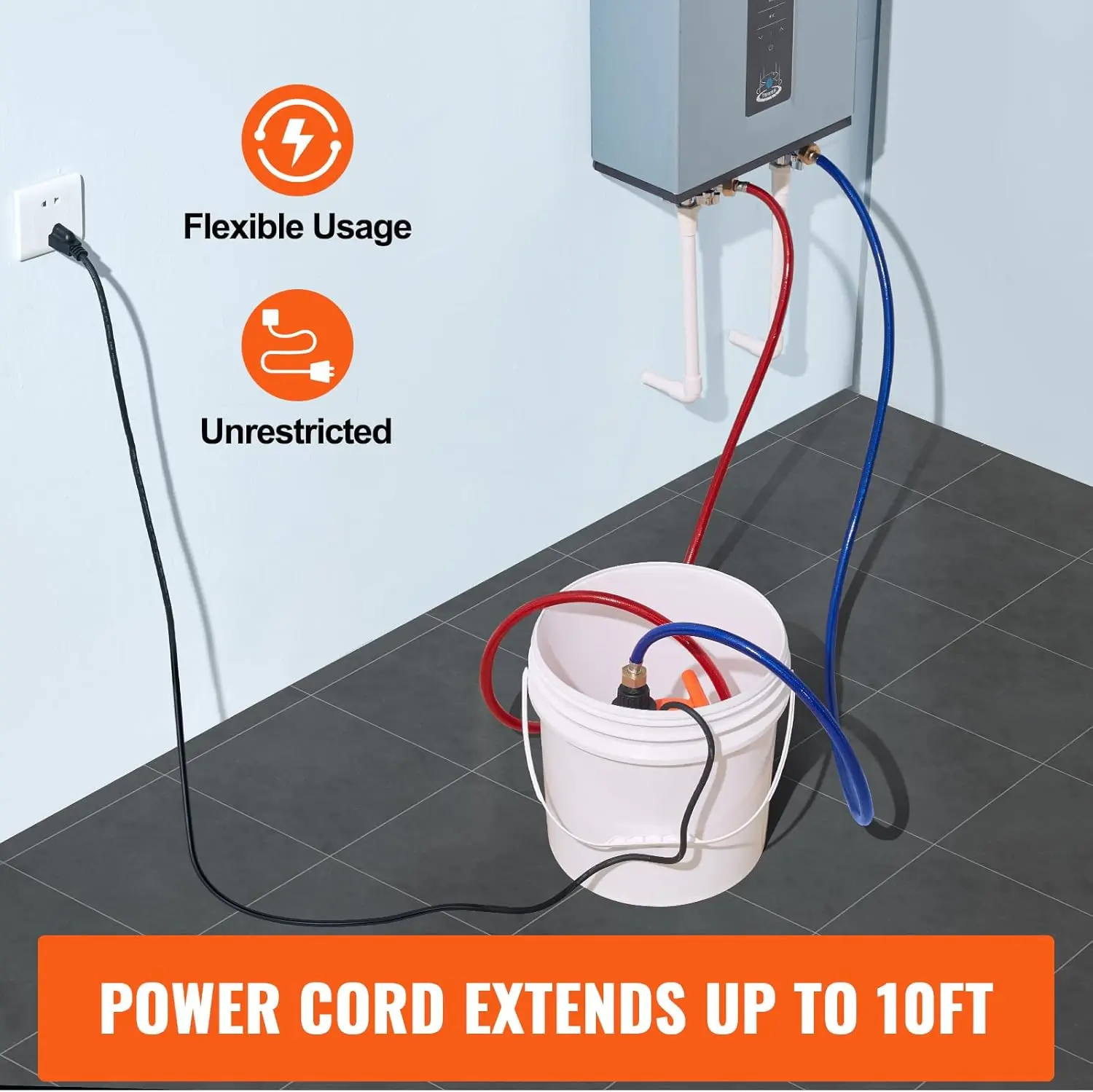 Tankless Water Heater Flushing Kit, Includes Efficient Pump & 3.7 Gallon Pail & 2 Hoses, Wrench and Adapter for Quick Install