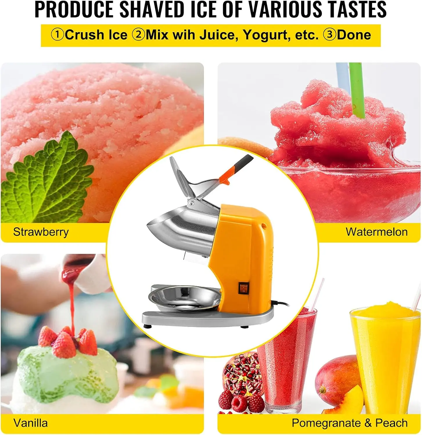 Shaved Ice Machine Ice Crusher, 300W 1450 RPM Snow Cone Machine with Dual Stainless Steel Blades, 210LB/H Ice Shaver Machine