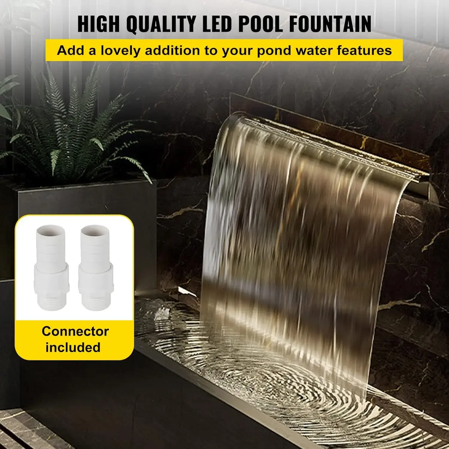 Pool Fountain Stainless Steel Pool Waterfall 35.4" x 4.5" x 3.1" with LED Strip Light Waterfall Spillway with Pipe