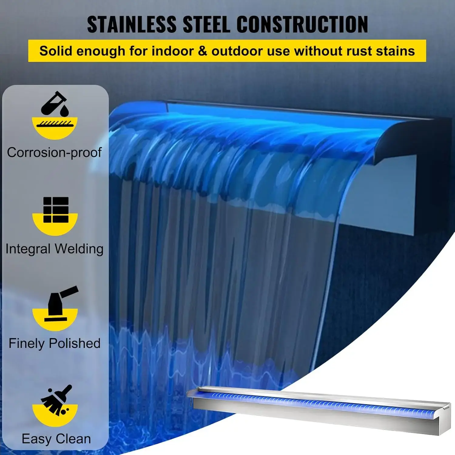 Pool Fountain Stainless Steel Pool Waterfall 35.4" x 4.5" x 3.1" with LED Strip Light Waterfall Spillway with Pipe