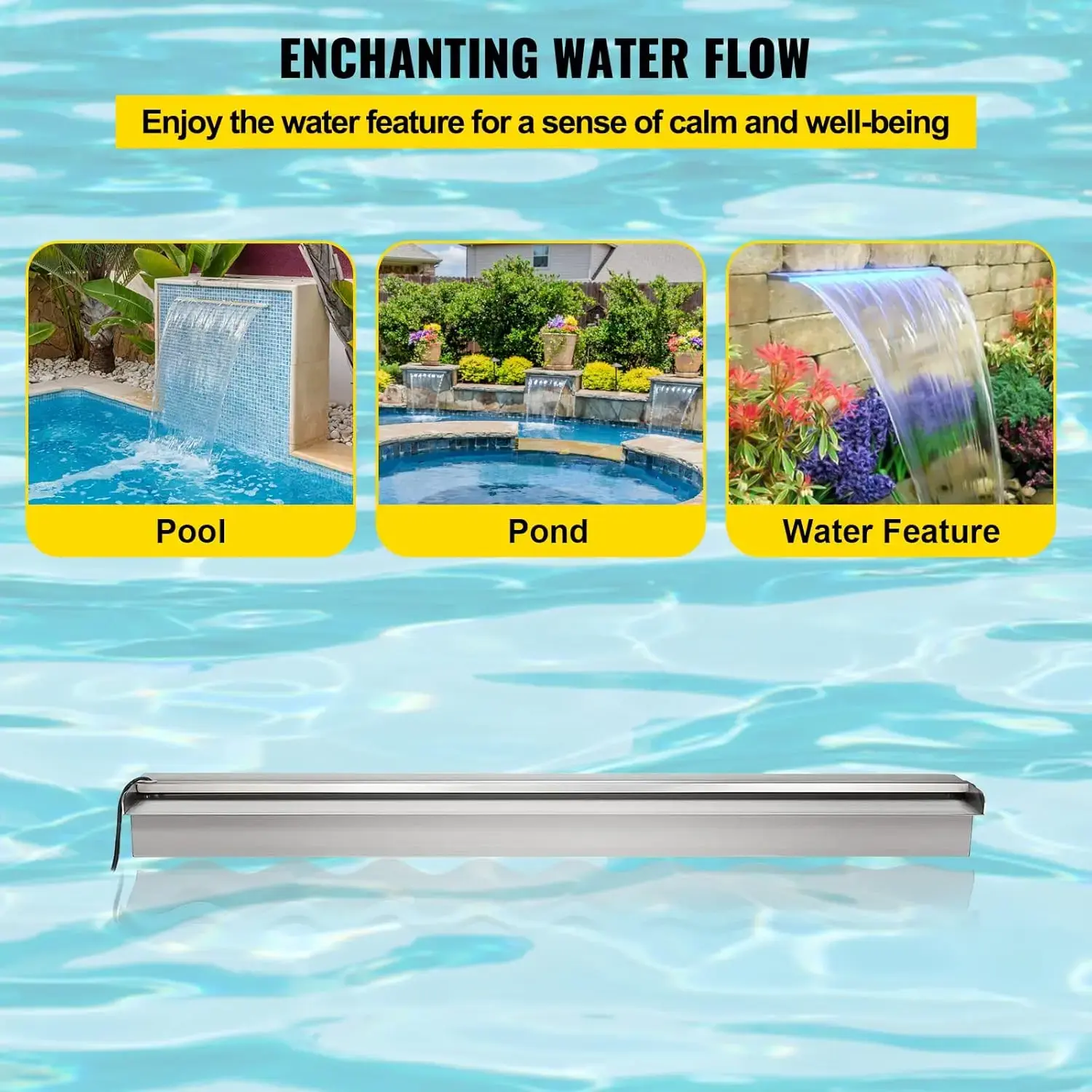 Pool Fountain Stainless Steel Pool Waterfall 35.4" x 4.5" x 3.1" with LED Strip Light Waterfall Spillway with Pipe