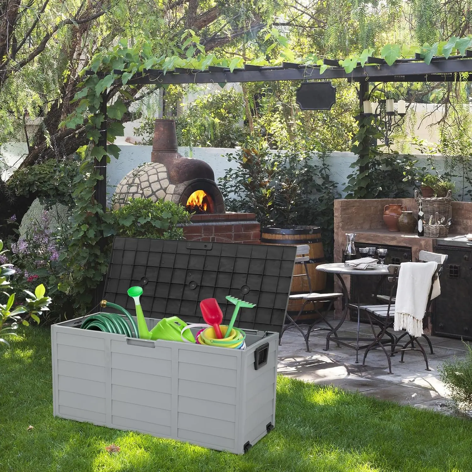 Upgraded 75 Gallon Outdoor Storage Box, Lockable Plastic Storage Containers with Lid, Patio Deck Box Furniture for Garden