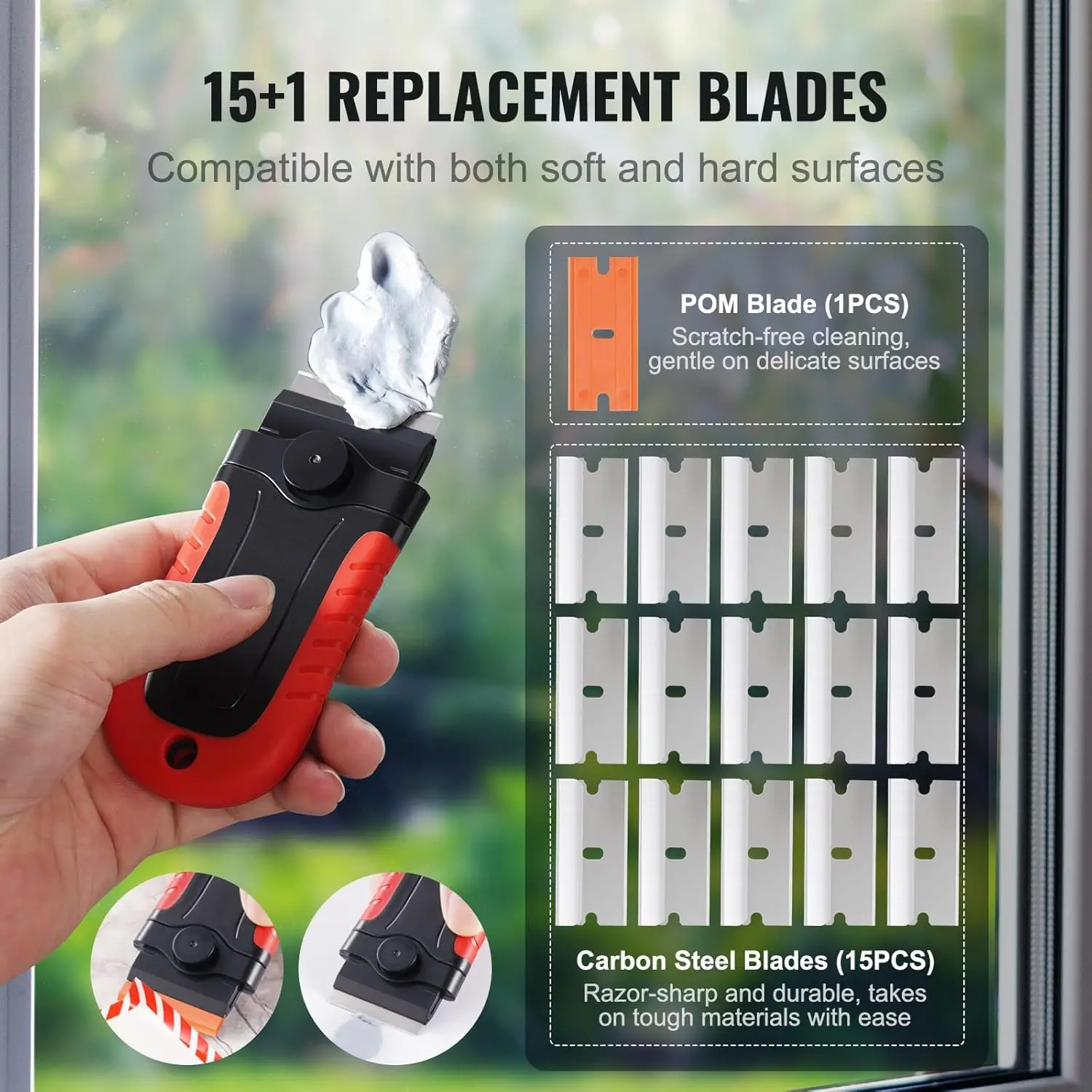 Razor Blade Scraper Tool with 15pcs Extra Blades, Floor Scraper with Security Cap for Cleaning Labels, Stickers, Decals