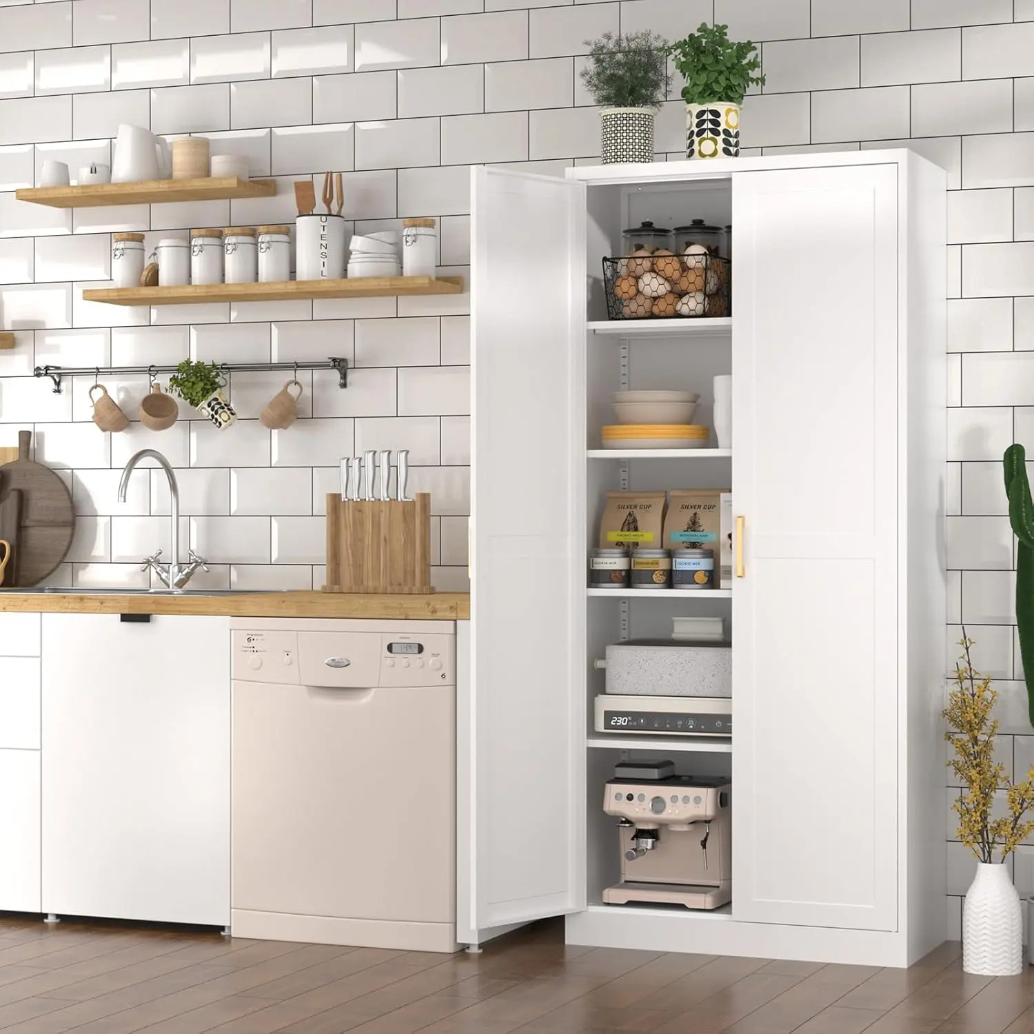 White Kitchen Pantry Cabinet, Pantry Storage Cabinet with Doors and Adjustable Shelves,71" Tall Freestanding Cupboard .