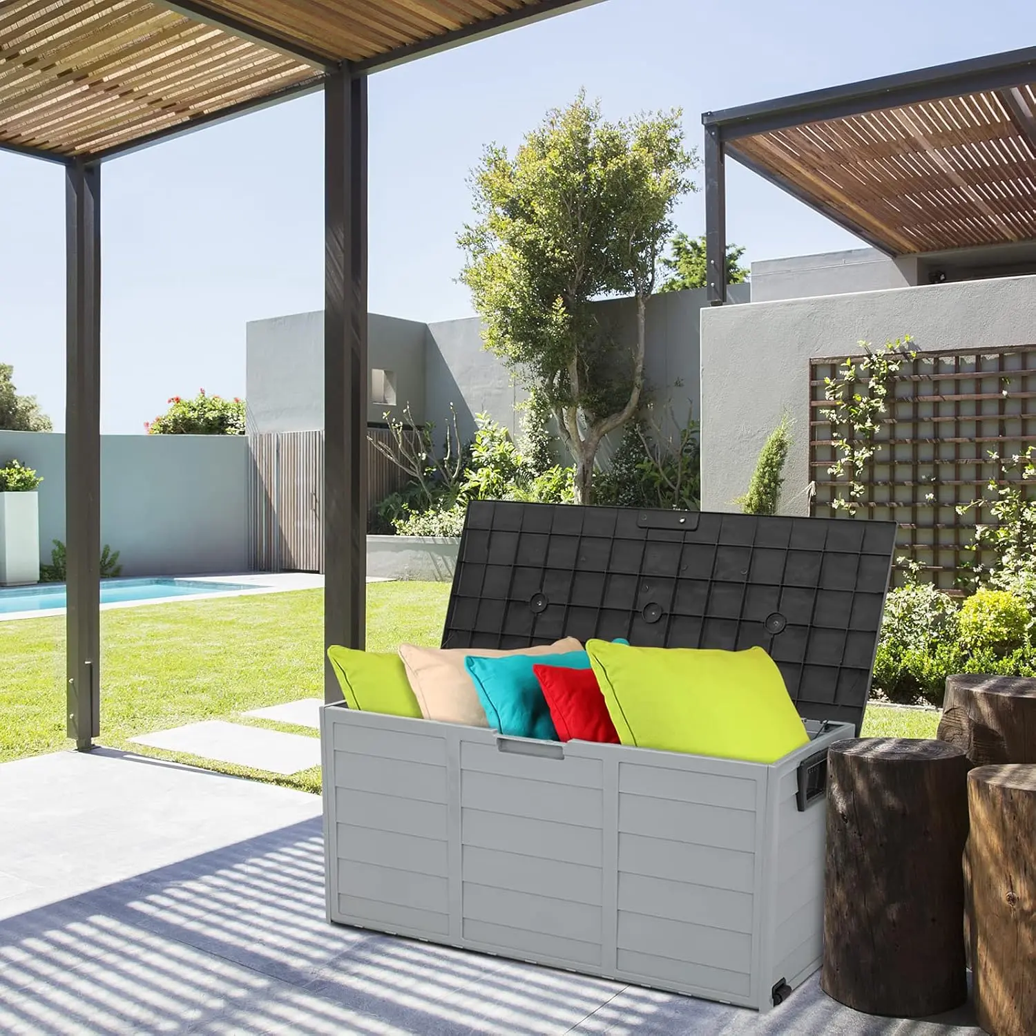 Upgraded 75 Gallon Outdoor Storage Box, Lockable Plastic Storage Containers with Lid, Patio Deck Box Furniture for Garden