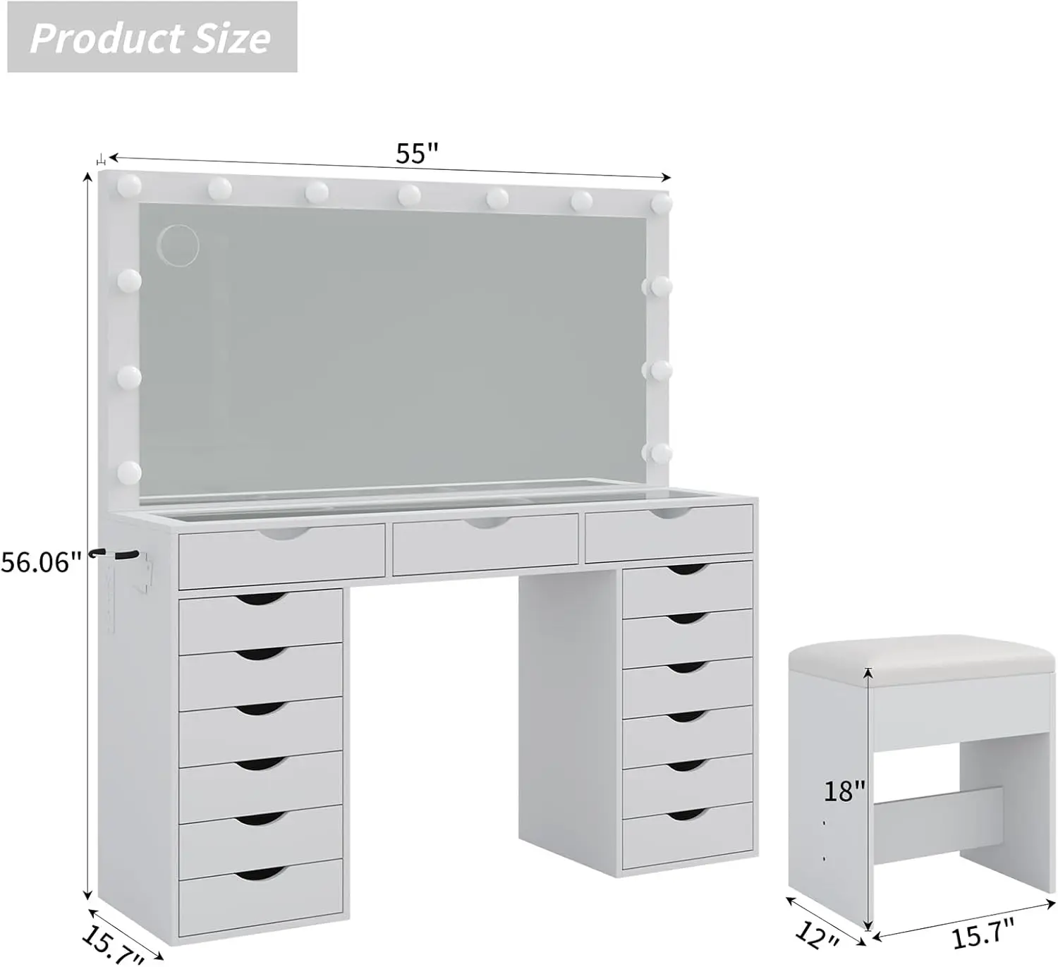 Vanity Desk with Mirror and Lights, Makeup Table with Charging Station, 3 Color Lighting Modes, 15 Drawers Dressing Table