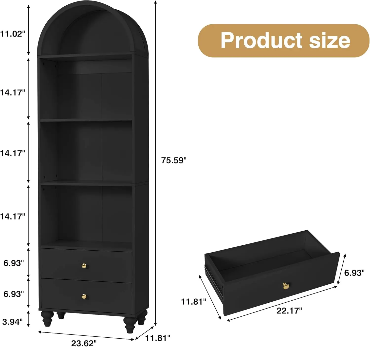 75.59" Tall Bookcase, 4 Tier Arched Bookshelf with 2 Drawers, Modern Book Display Storage Cabinet for Living Room, Bedroom