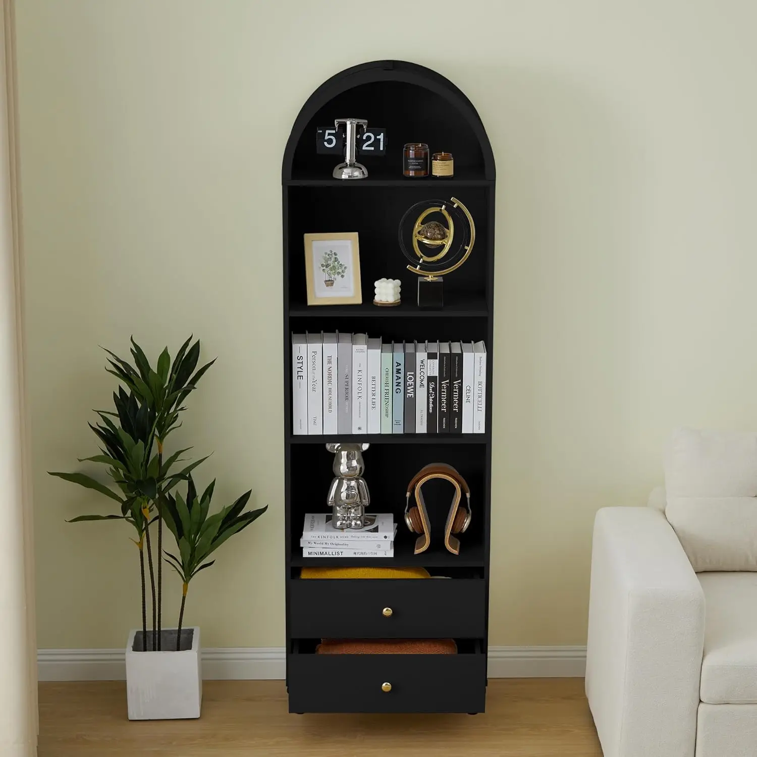 75.59" Tall Bookcase, 4 Tier Arched Bookshelf with 2 Drawers, Modern Book Display Storage Cabinet for Living Room, Bedroom